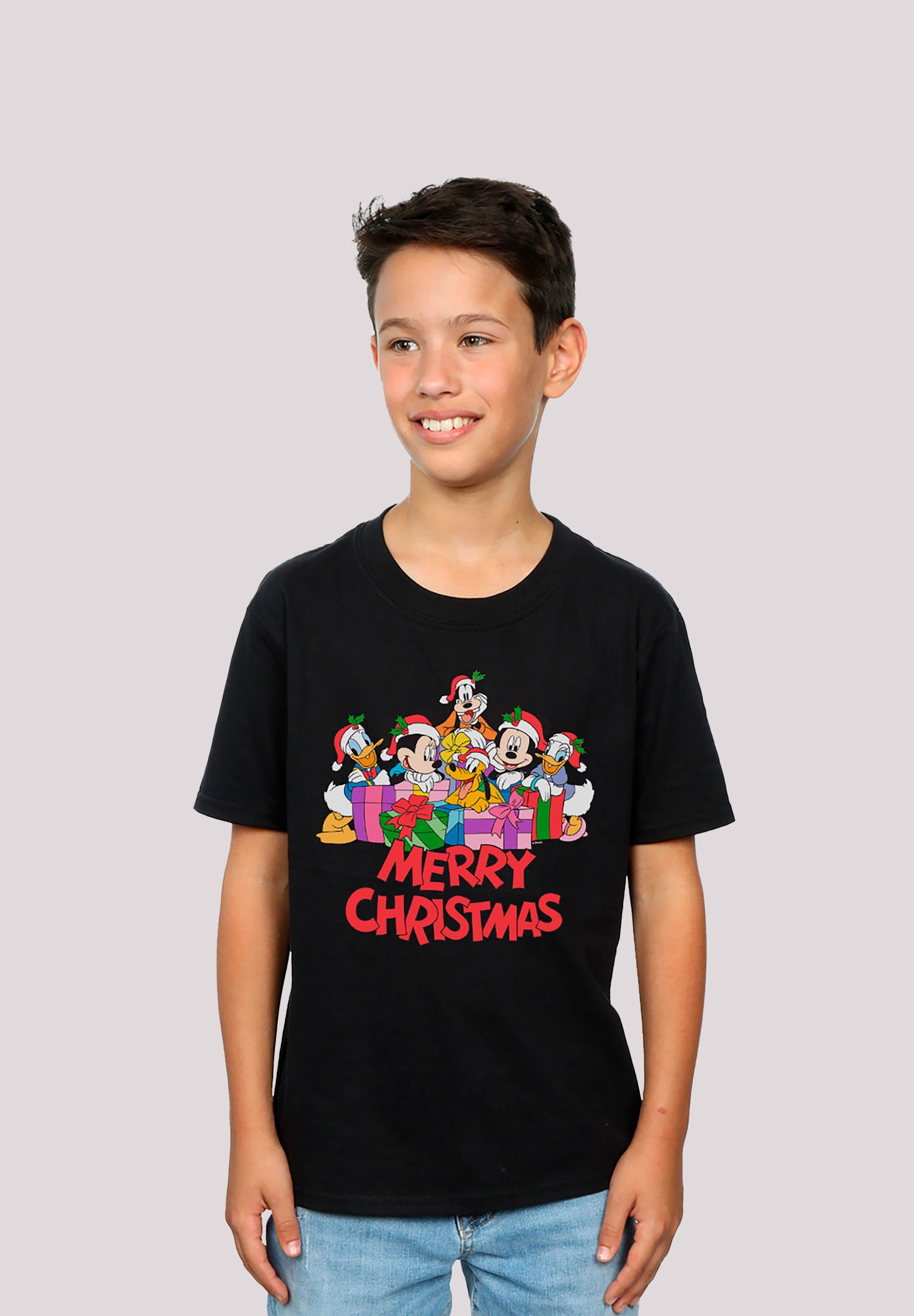 am Weihnachten und am Hals T-Shirt Print, Saum Maus Doppelnähte Disney Rippbündchen Micky F4NT4STIC