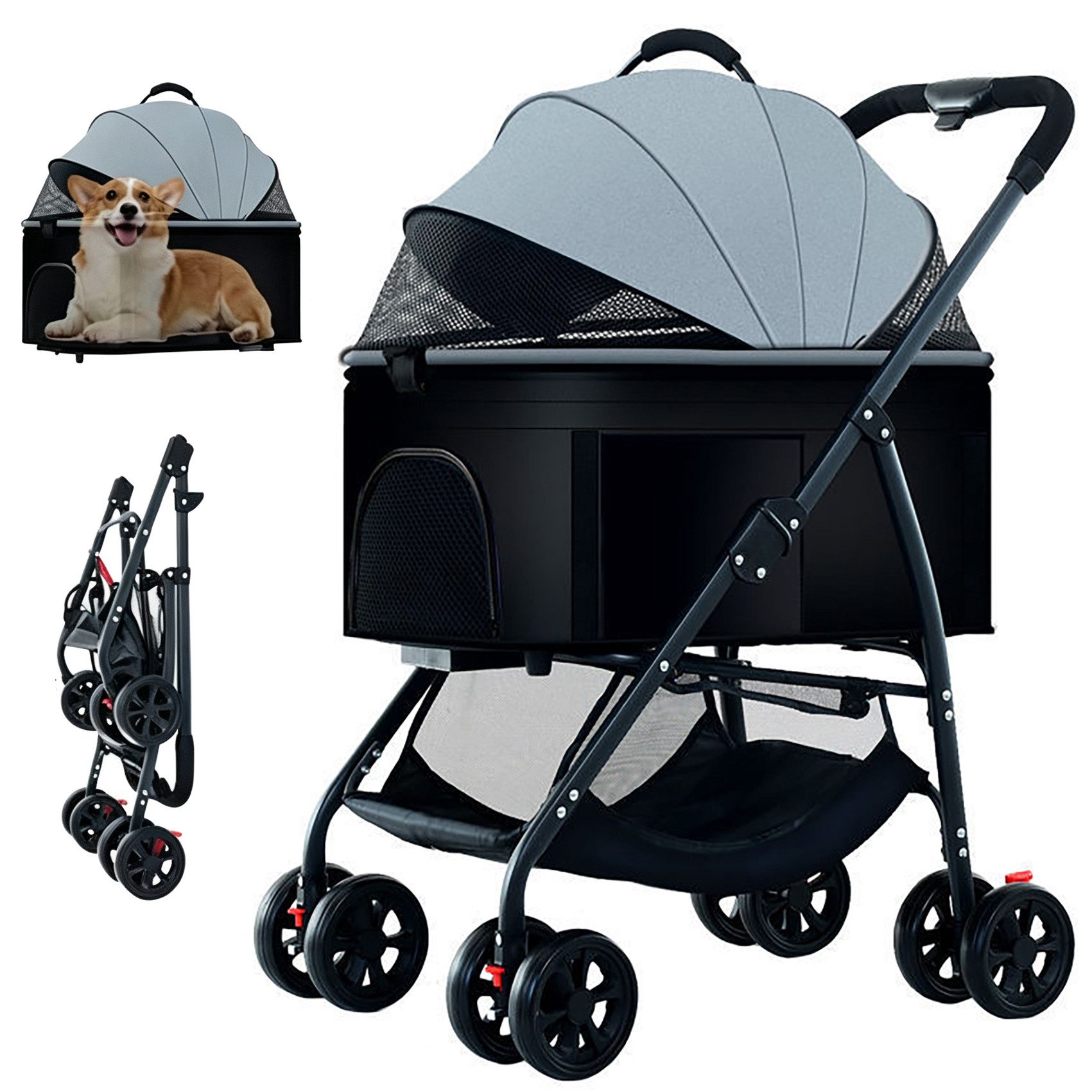 OYLCDI Hundebuggy 2-in-1 Hundebuggy mit abnehmbarer Transportwanne,bis 40 kg, (faltbarer Haustierwagen mit 360°-Schwenkrädern,Mit belüftetem Netzfenster), ideal für Hunde, Katzen und andere Haustiere