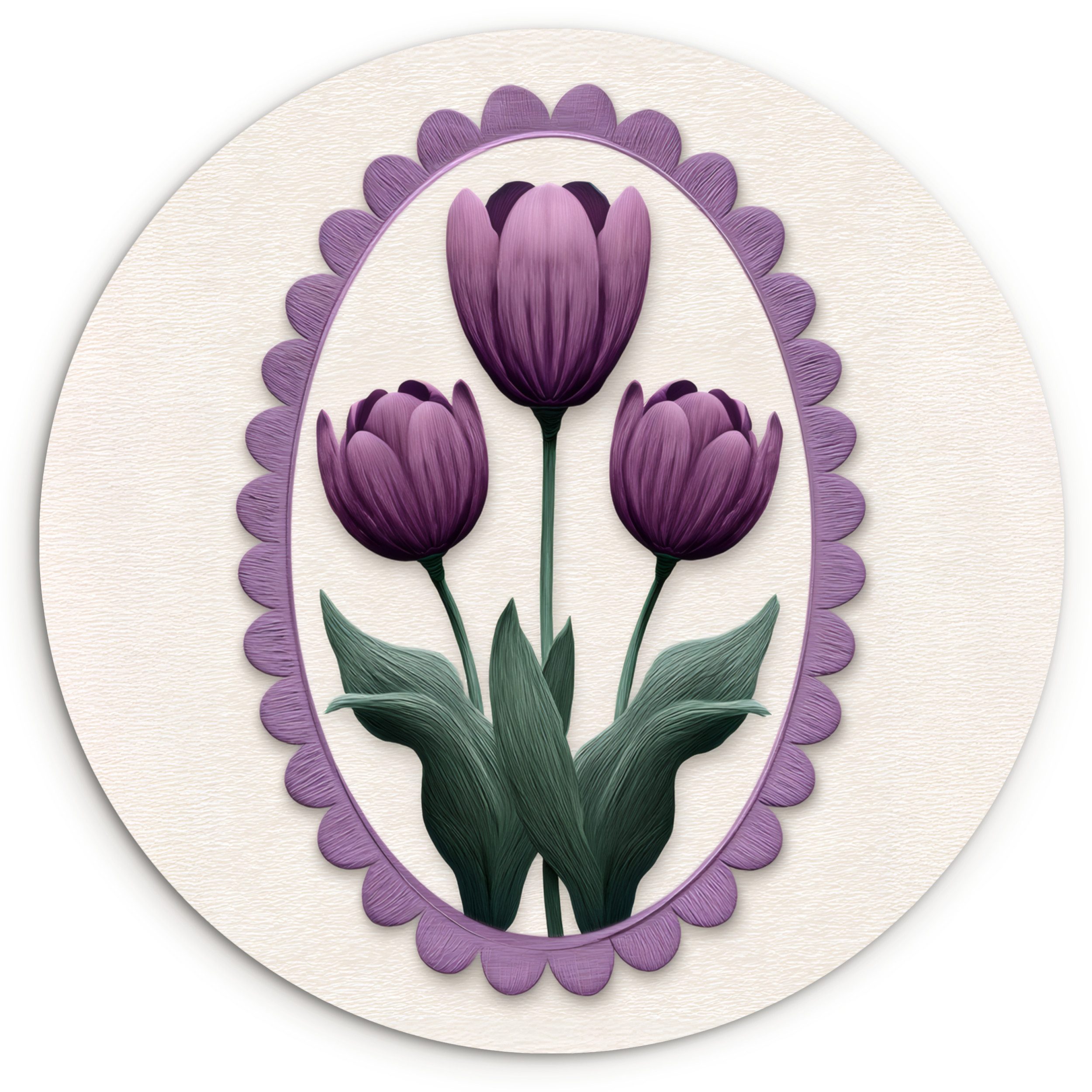 MuchoWow Gemälde Tulpen - Lila - Liste - Blätter, Fotodruck (1 St), Kreis Wanddekoration, Rundes Wandbild, 30x30 cm