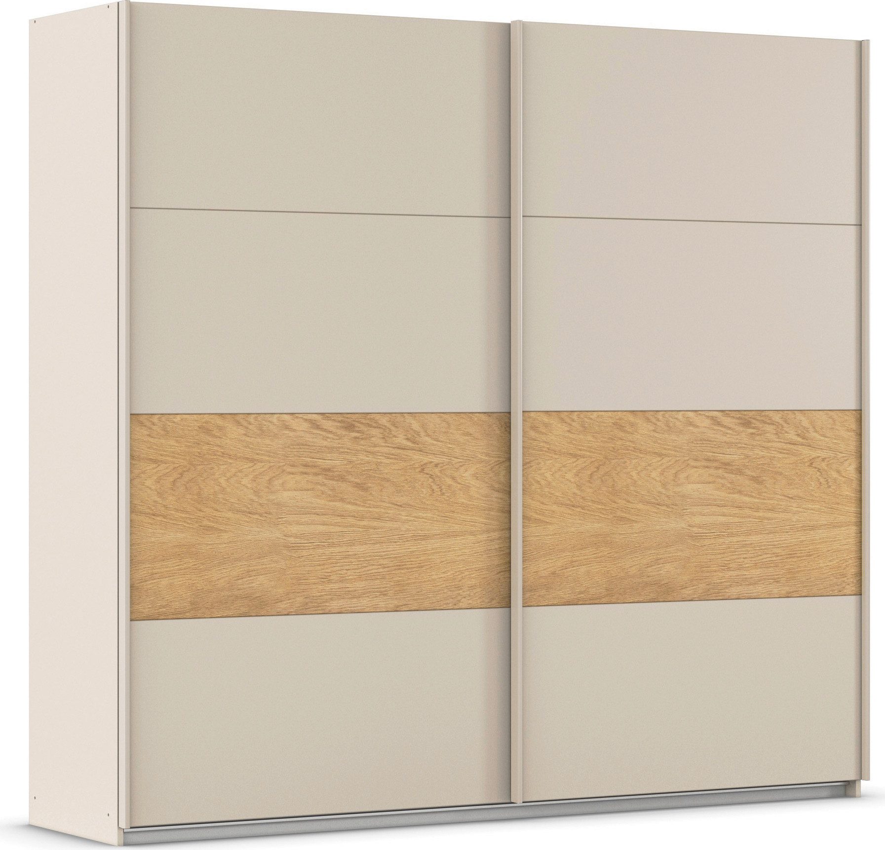 rauch Schwebetürenschrank Kleiderschrank Schrank Garderobe Schlafzimmerschrank MALVA Bauchbinde abgesetzt in gebürstetem Eiche Furnier MADE IN GERMANY