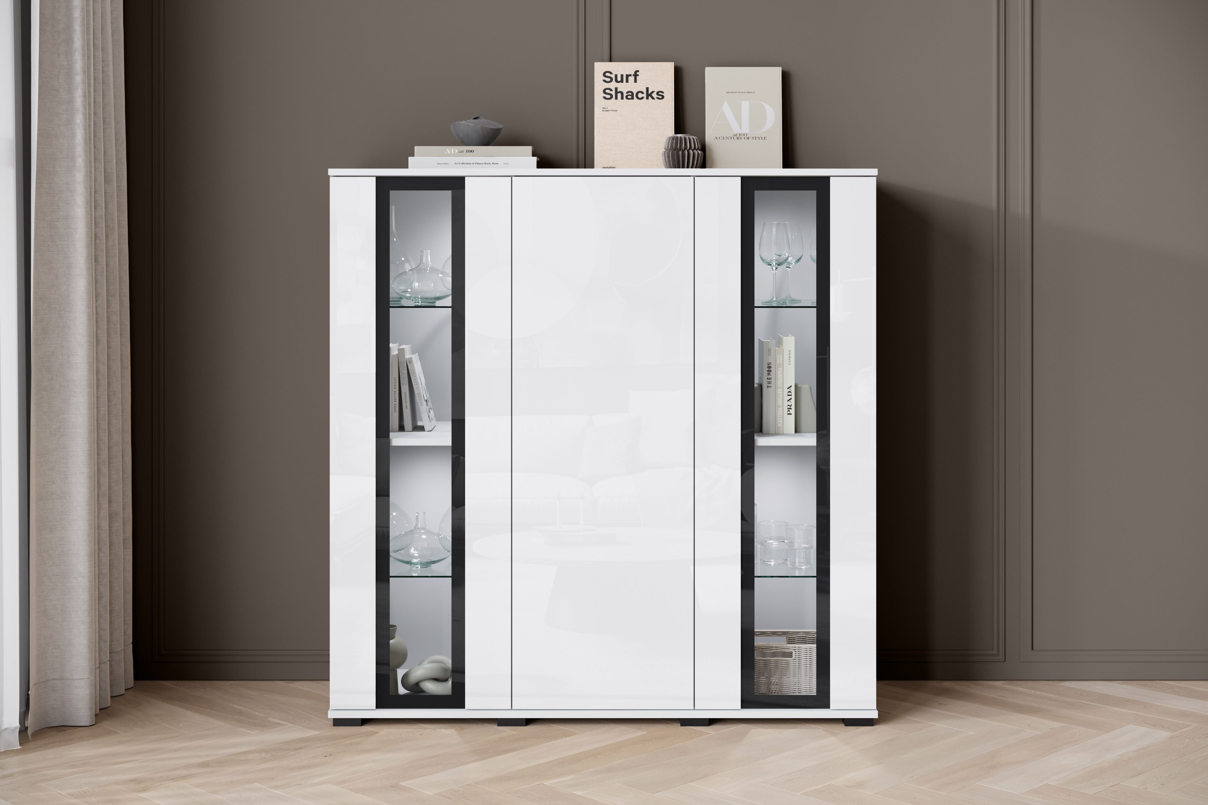 Home affaire Highboard Caro, modernes Design mit Glaseinsätzen, Breite 120 cm (1 St), grifflose Fronten mit Push-to-Open, höhenverstellbare Einlegeböden
