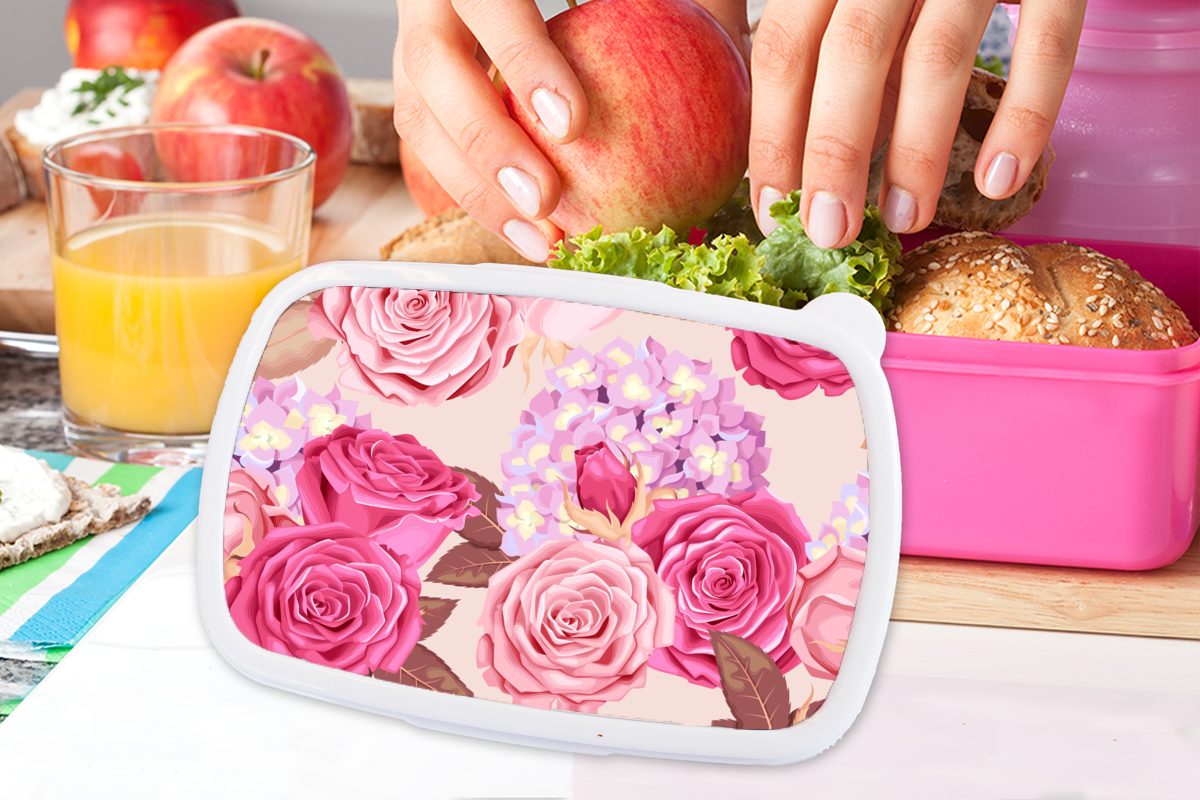 (2-tlg), Hortensien - Erwachsene, Brotdose für Blumen Snackbox, Rosen - MuchoWow Kinder, Rosa, Brotbox - Lunchbox Kunststoff, Kunststoff Mädchen,