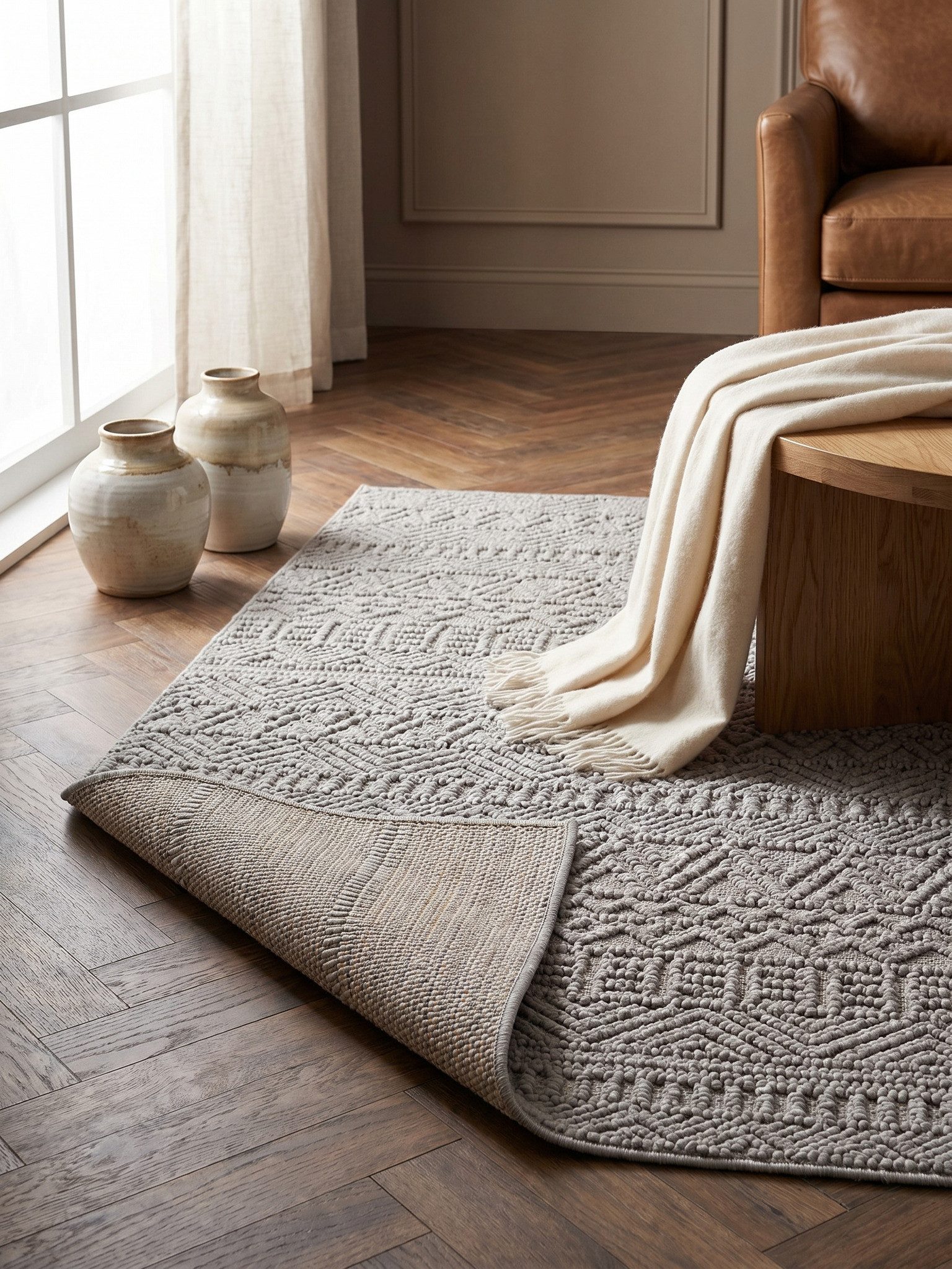 KADIMA DESIGN Teppich Boho Teppich LANGAU Ethno-Rauten Streifen Beige Creme Silber, Läufer, Höhe: 7 mm, Silber, 60x110 cm, Saugroboter OEKO-TEX Fußbodenheizung – Bild 5 von 5