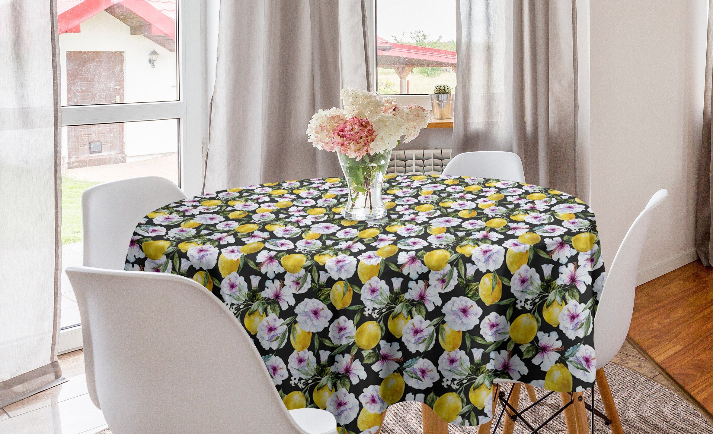 Abakuhaus Tischdecke Kreis Tischdecke Abdeckung für Esszimmer Küche Dekoration, Tropisch Hibiscus Blütenblätter Zitronen