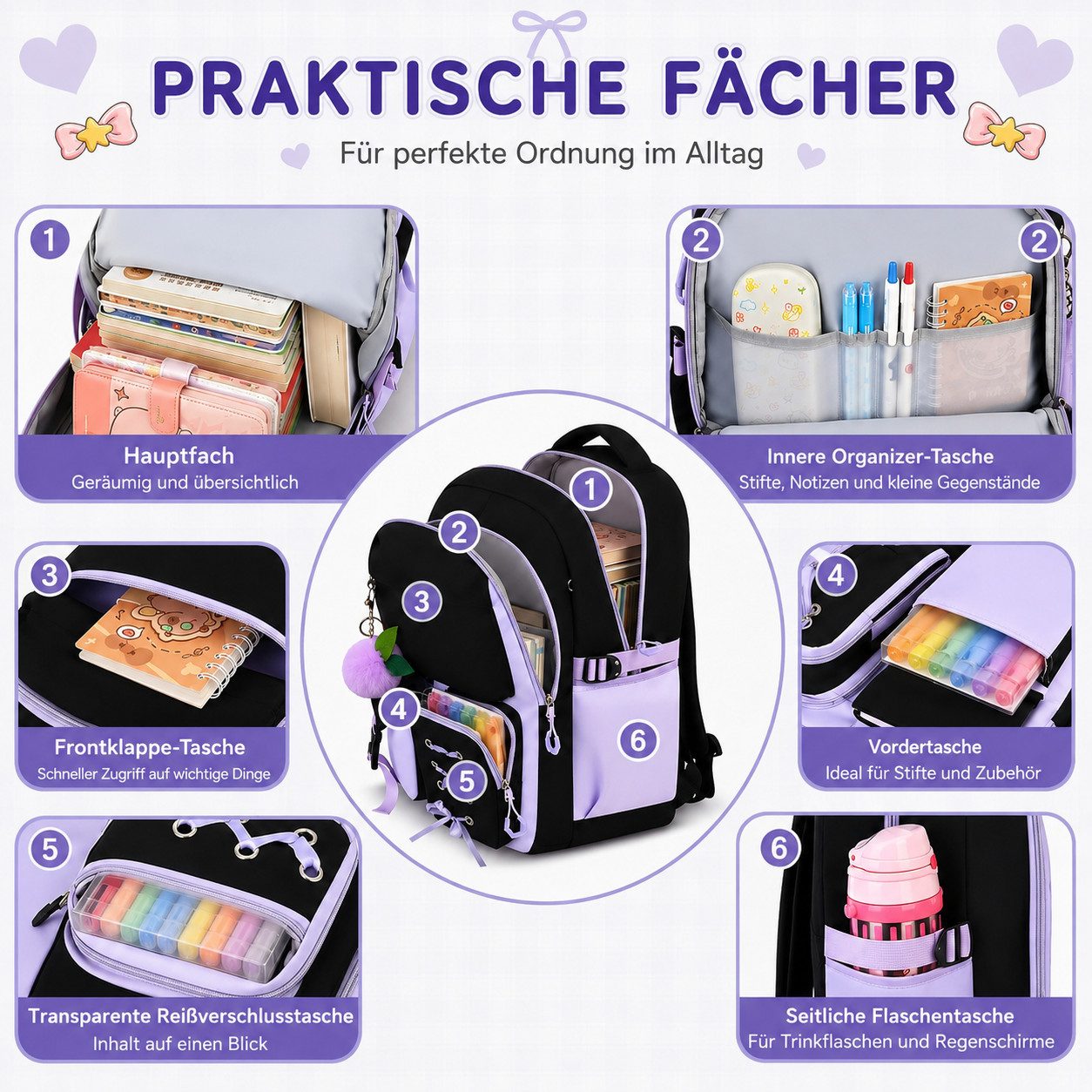 MOPUEA Schulrucksack Schulrucksack Set 3tlg Schulrucksack mit Lunchpaket und Mäppchen (Set, 3-tlg., Leicht Schulrucksack Teenager für Schule, Reisen und Freizei – Bild 3 von 5