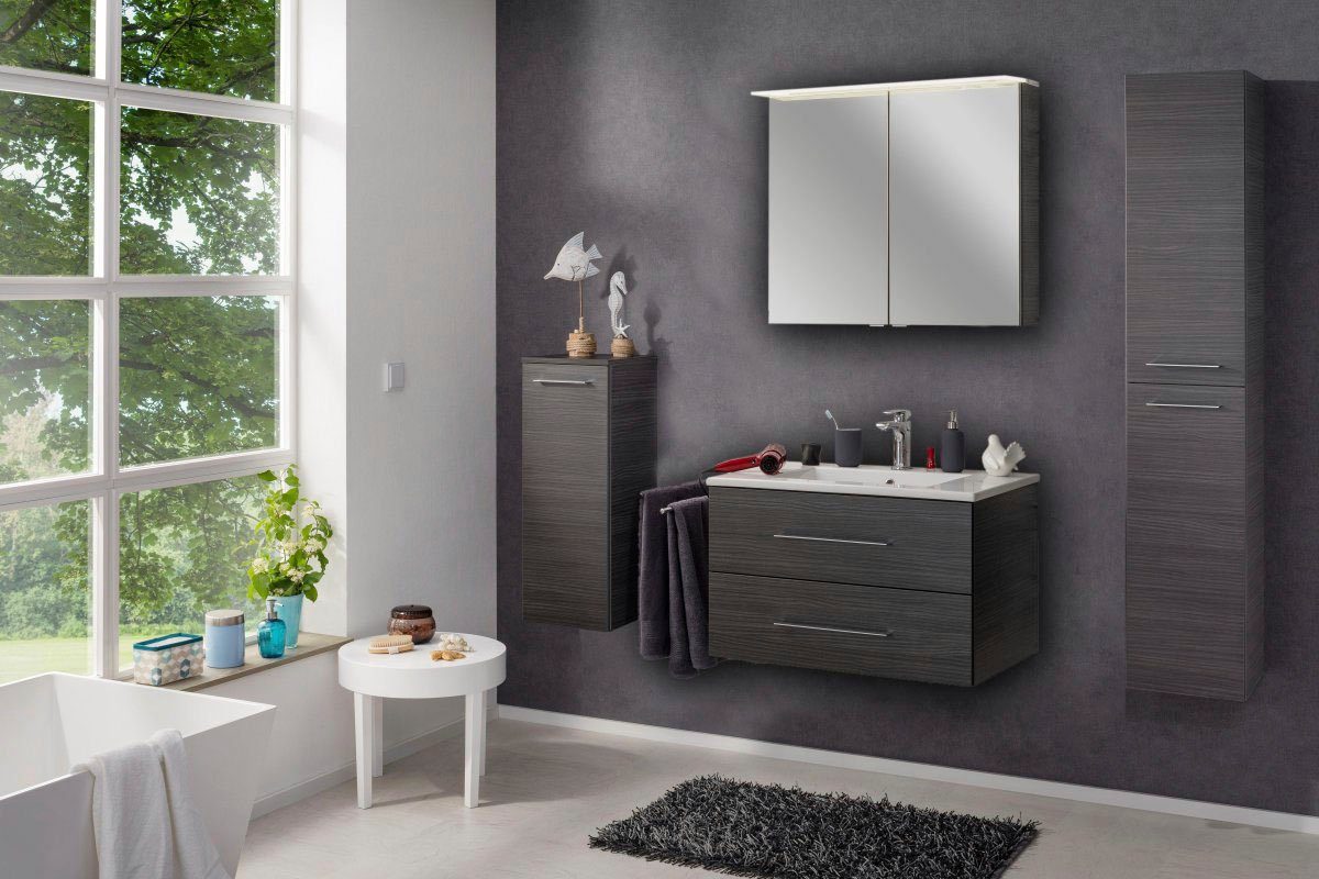 FACKELMANN Spiegelschrank PE 80 - 2 verspiegelt cm, Badmöbel Türen, 80 Dark-Oak Breite doppelseitig