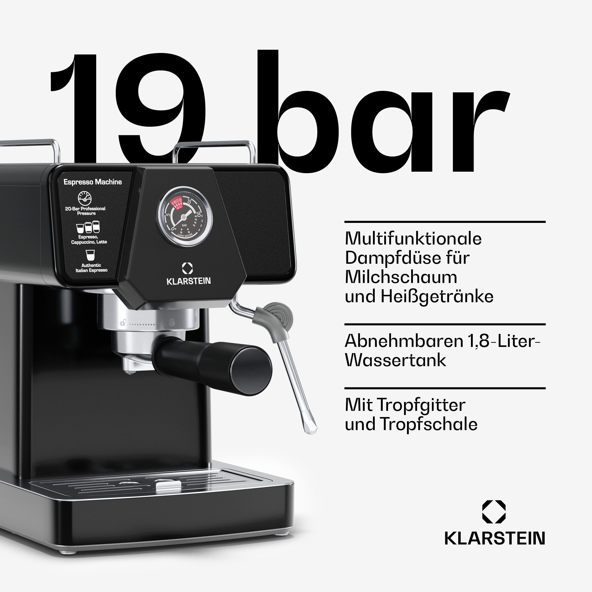 Klarstein Filterkaffeemaschine, 1.8l Kaffeekanne, Edelstahl-Siebträger, Elektrisch 19 Bar Espressomaschine Kaffemaschine Touch