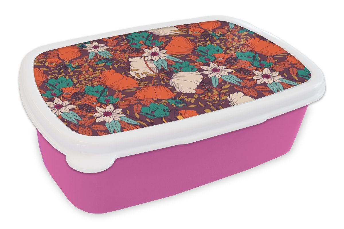 MuchoWow Lunchbox Blumen - Herbst - Muster, Kunststoff, (2-tlg), Brotbox für Erwachsene, Brotdose Kinder, Snackbox, Mädchen, Kunststoff rosa