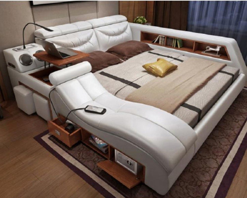 Xlmoebel Multimediabett Gepolstertes Lederbett mit Multifunktionsregal und USB-Anschluss (Multimediabett, 1-tlg., Multifunktions Bett), Hergestellt in Europa