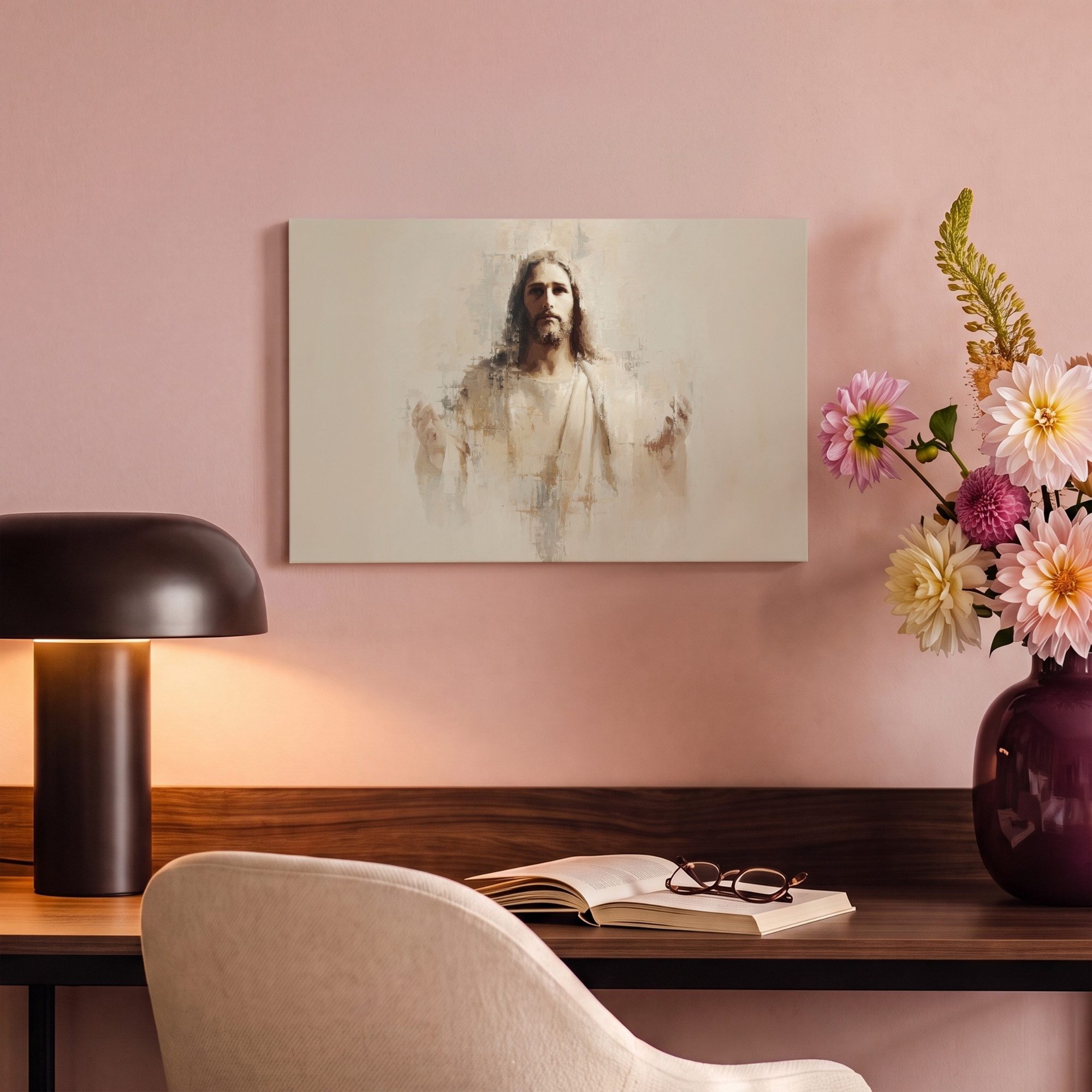 OneMillionCanvasses® Leinwandbild Porträt - Abstrakt - Jesus - Beige, Fotodruck (1 St), Leinwand Bilder Klein, Wand Dekoration Aesthetic 30x20 cm – Bild 4 von 5