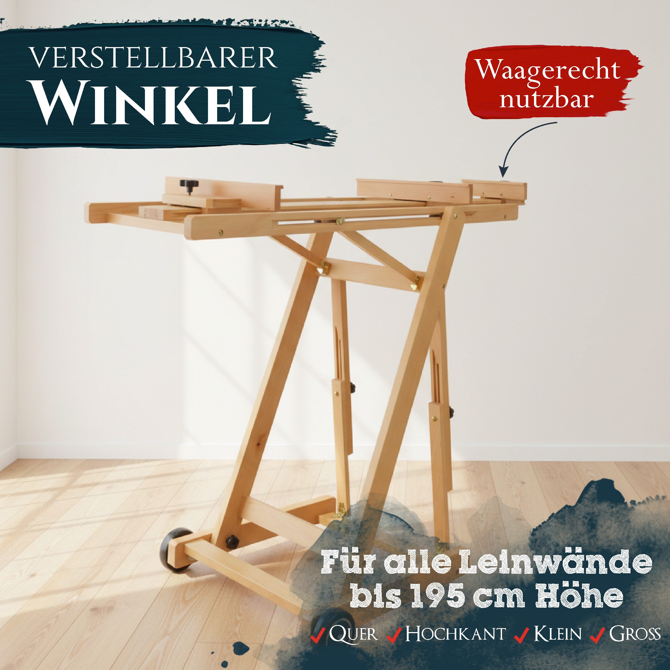 Artina Staffelei Profi Studio Atelierstaffelei Buche für 2 Leinwände Bordeaux, gleichzeitig bis Leinwandhöhe 195 cm Bordeaux – Neigungswinkel 90° – Bild 4 von 5
