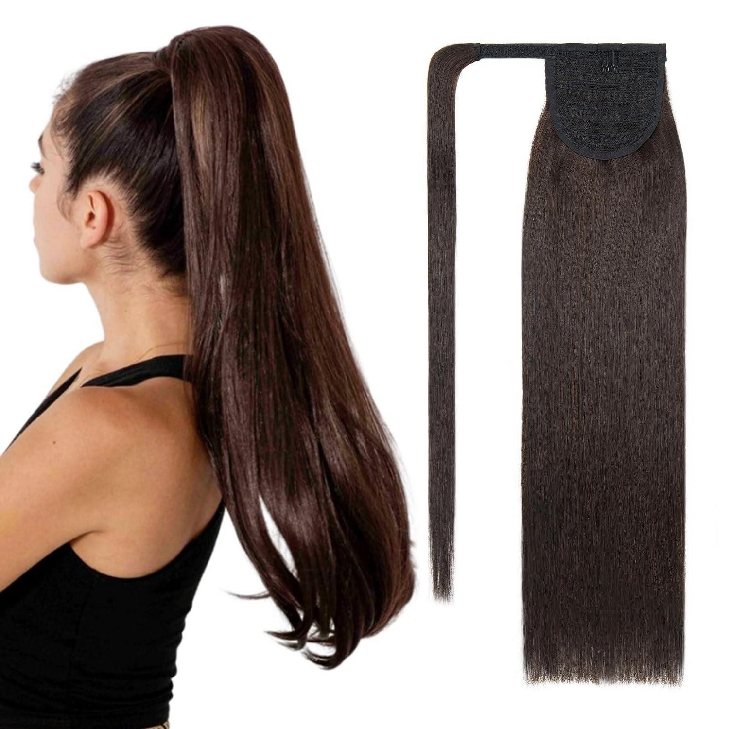 LuxusKollektion Echthaar-Extension Pferdeschwanz Haarverlängerung Echthaar Zopf Wrap 40cm #2 Dunkelbraun