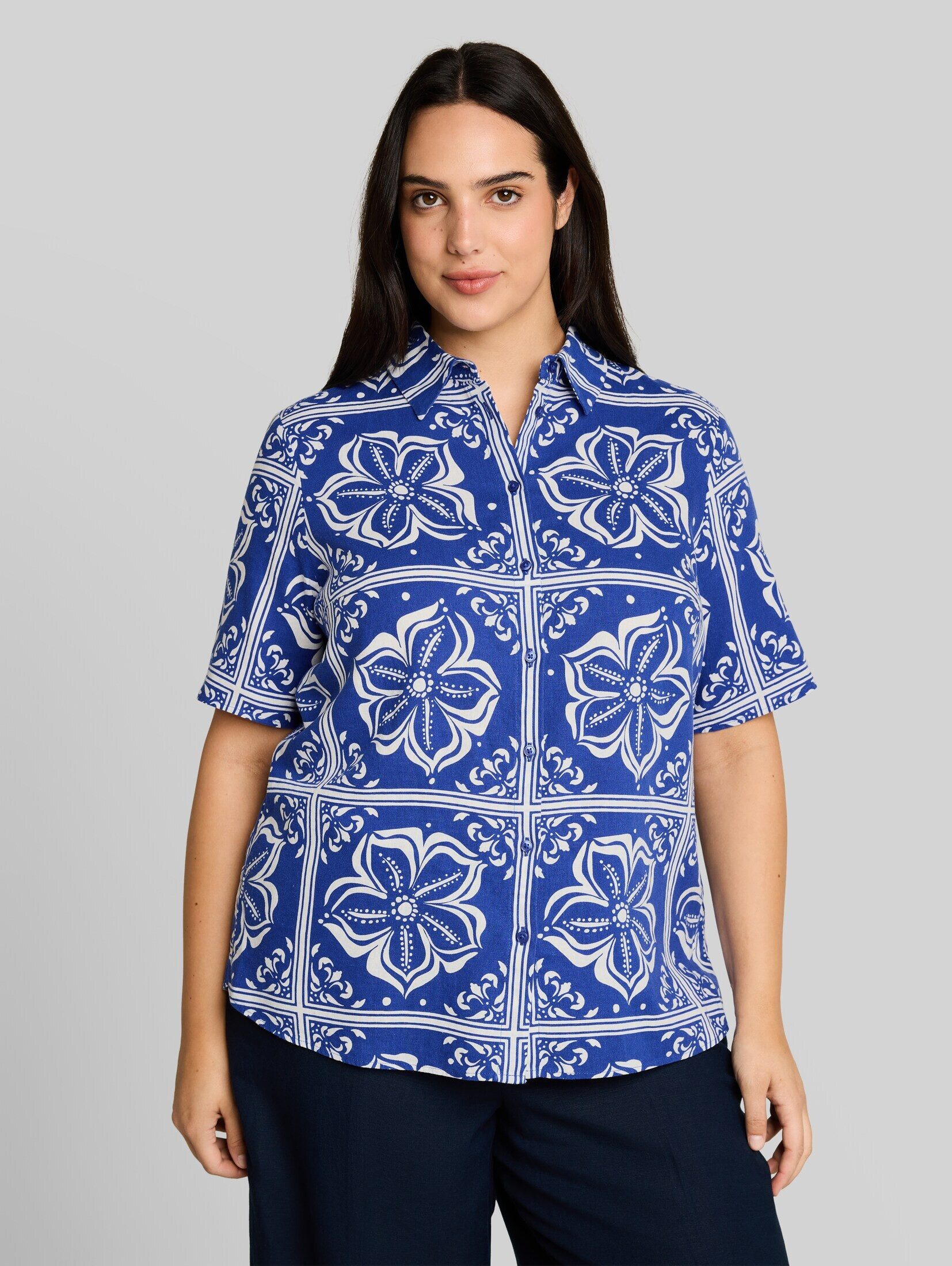 TOM TAILOR PLUS Kurzarmbluse Blusen & Shirts Plus Size - Loose Fit Bluse mit Leinenanteil
