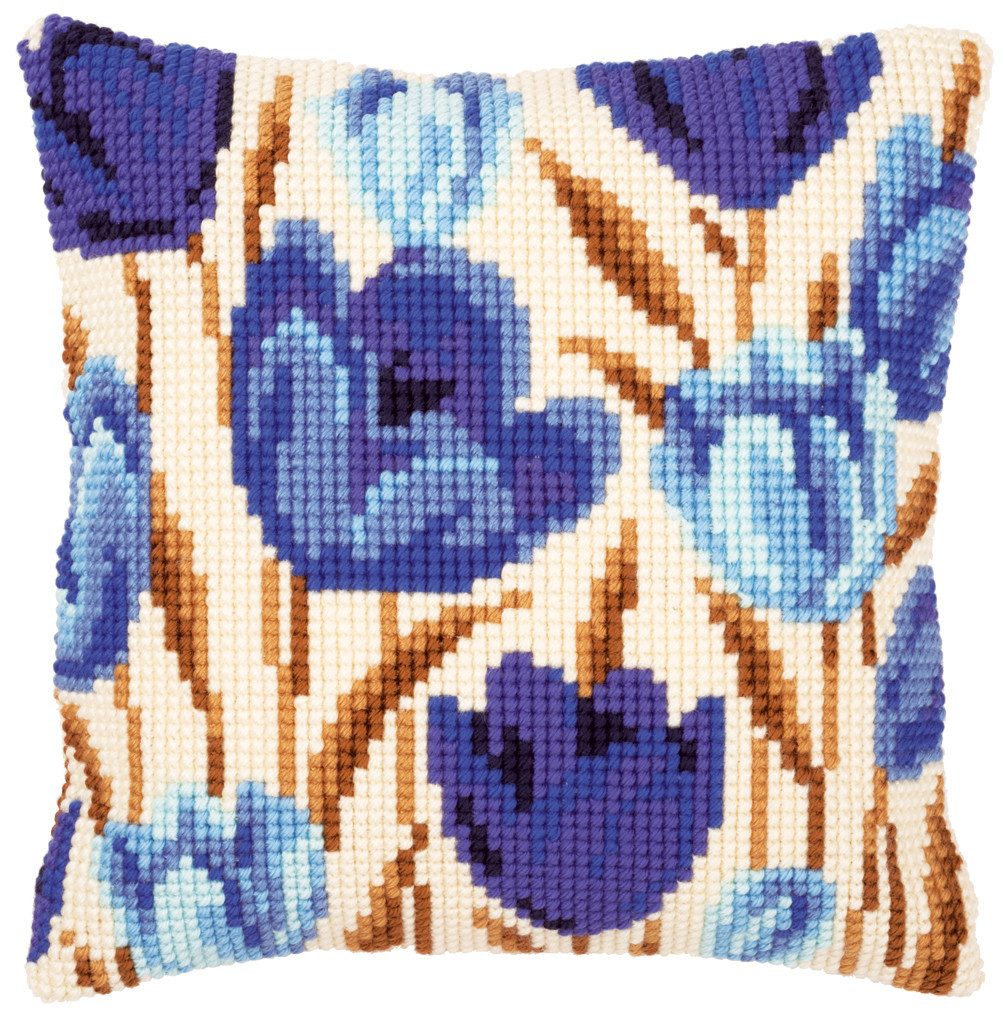 Vervaco Kreativset Kreuzstich-Kissen-Set Blaue Tulpen - Stickbild vorgezeichnet, (Set, Vervaco embroidery Kit), Made in Europe