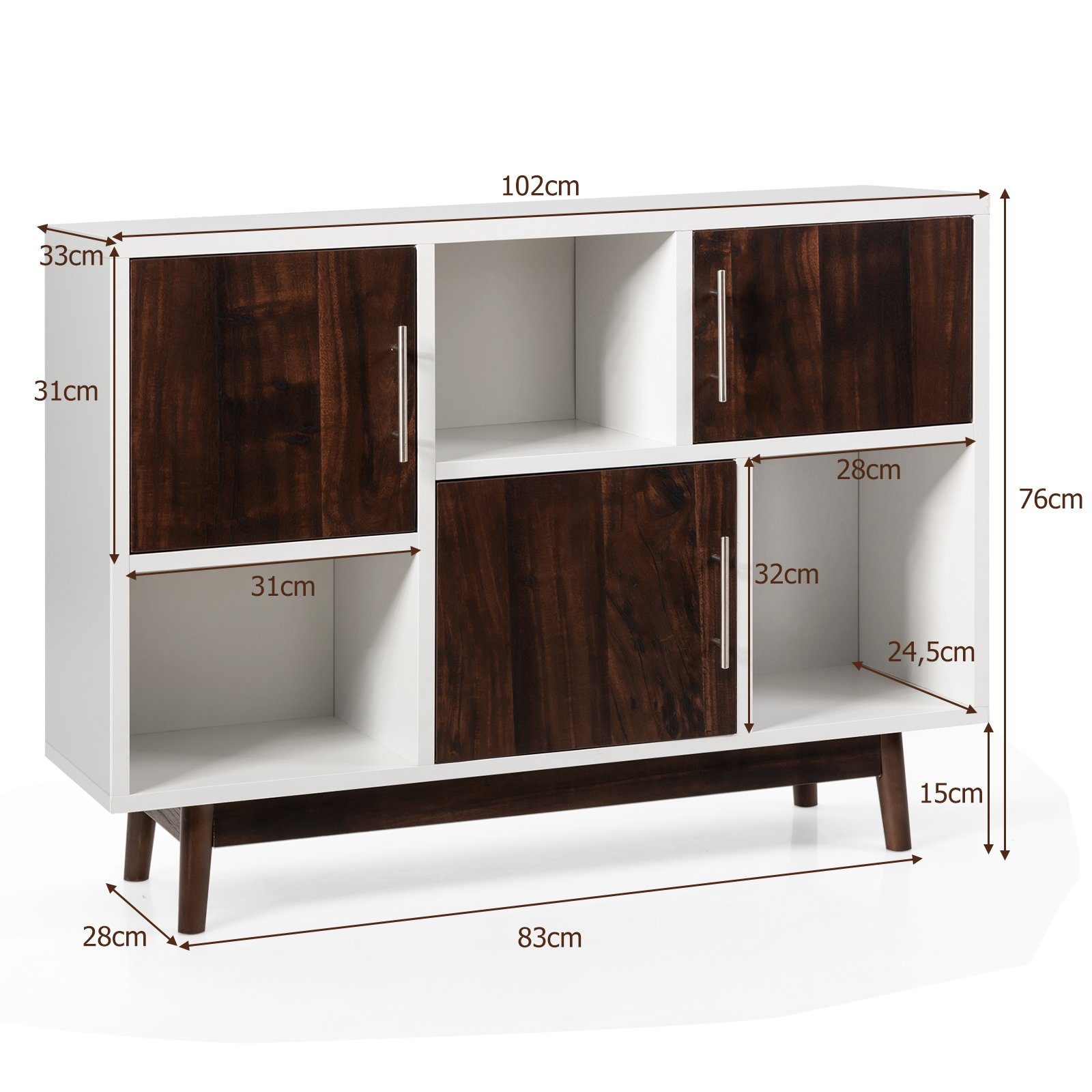 Türen Braun Bücherregal & mit Weiß & COSTWAY Kaffeebraun | Sideboard, 102x33x76cm 6 Fächern,
