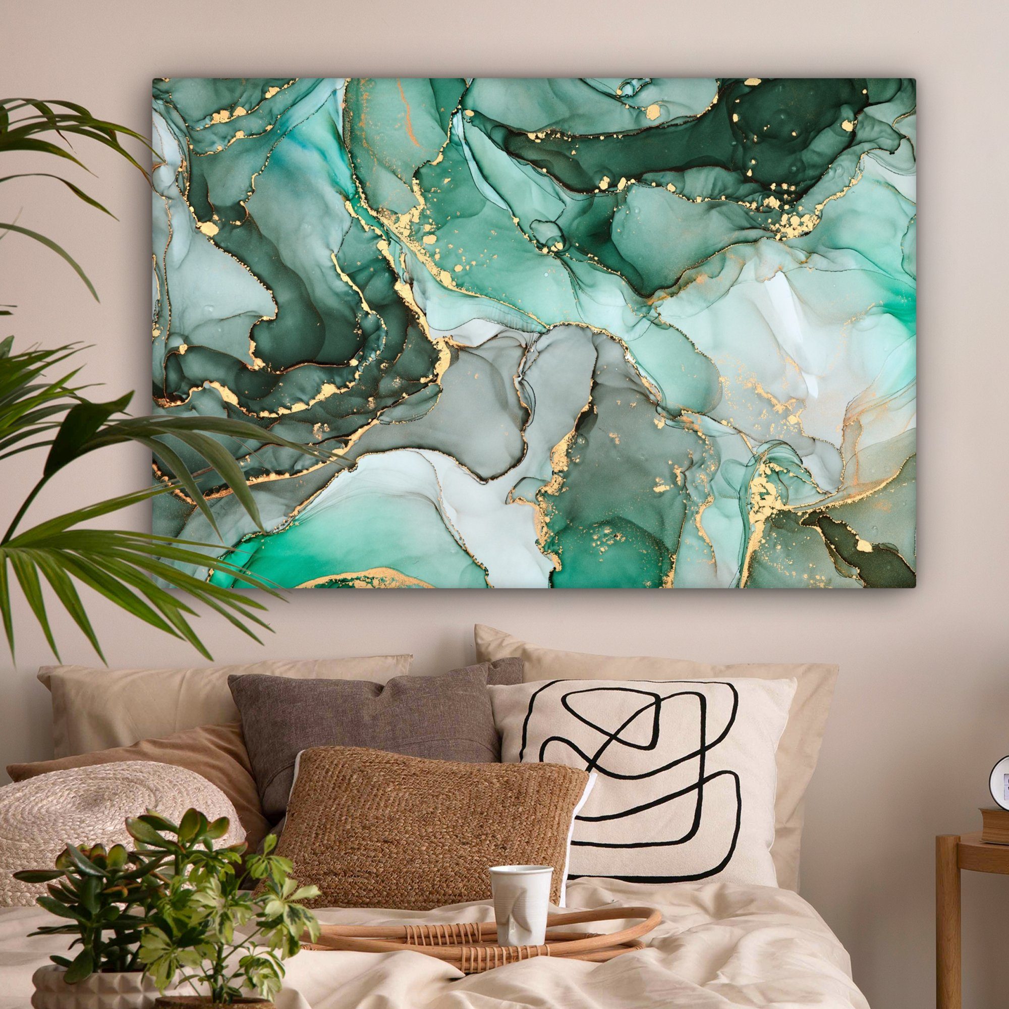 OneMillionCanvasses® Leinwandbild Gold - Marmor - Grün - Luxus - Marmoroptik - Grau, Fotodruck (1 St), Wandbild XXL für Wohnzimmer Küche 120x80 cm
