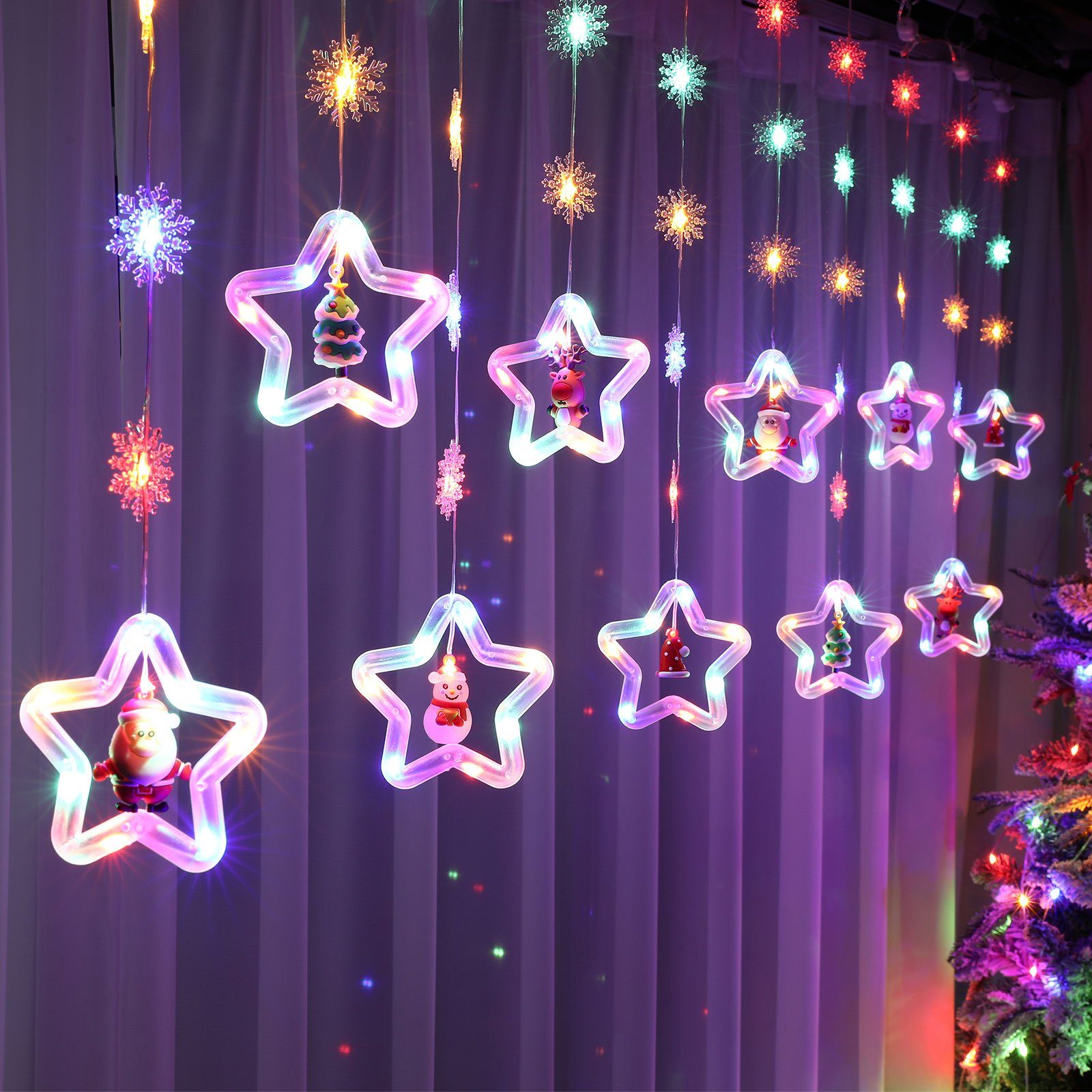 Sunicol LED-Lichterkette Timer mit Fernsteuerung Lichterketten Lichtervorhang, USB/Batterie 8 LED RGB 3M Fenster Party Sterne Weihnachtsdeko, Xmas Schneeflocken Modi, Sterne