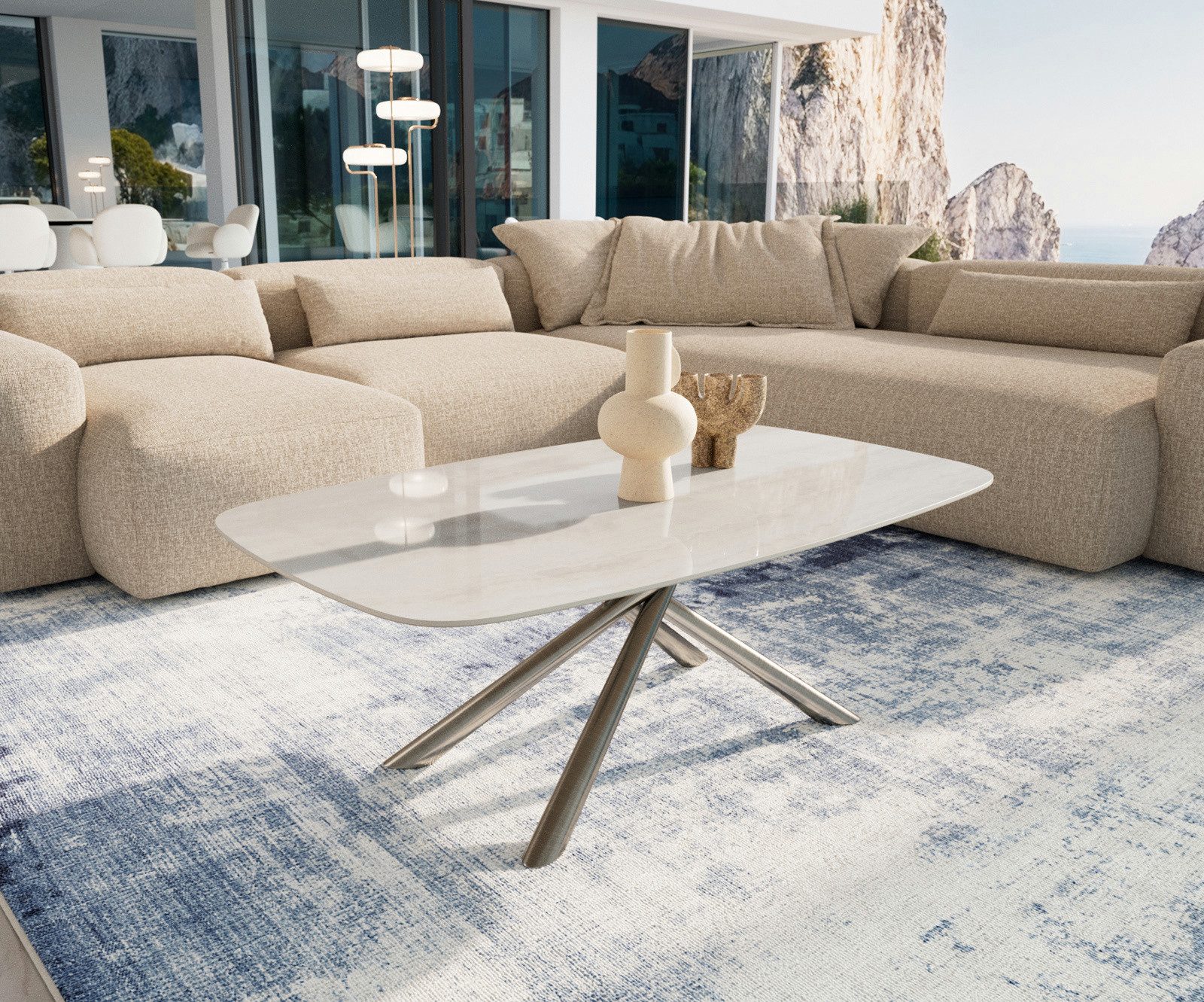 DELIFE Couchtisch Edge, Boot 120x70 cm Keramik Onyx Champagne Sarity Edelstahl gebürstet