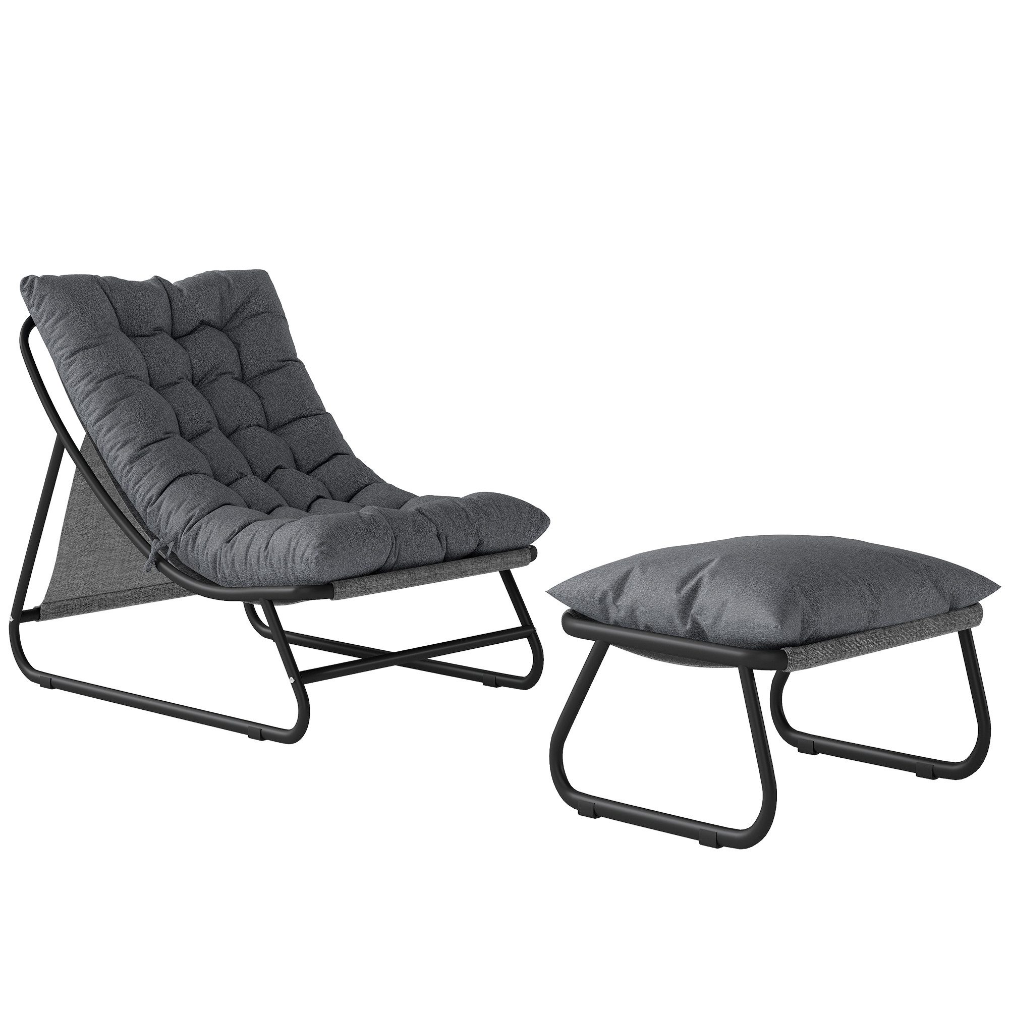Outsunny Gartenliege mit Hocker, 13 cm dicker Auflage, rutschfesten Füßen, Balkonsessel, 2 St., Loungesessel, für Garten,Terrasse Dunkelgrau
