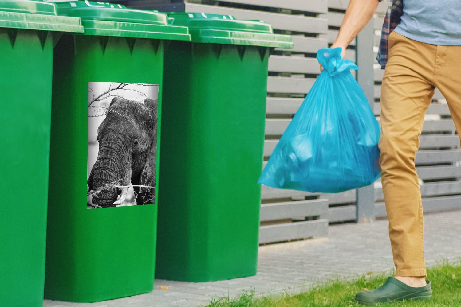 Schwarz Mülleimer-aufkleber, St), und weiß Elefant Wandsticker - Mülltonne, Abfalbehälter MuchoWow Äste - Container, Tiere (1 Natur - - Sticker,