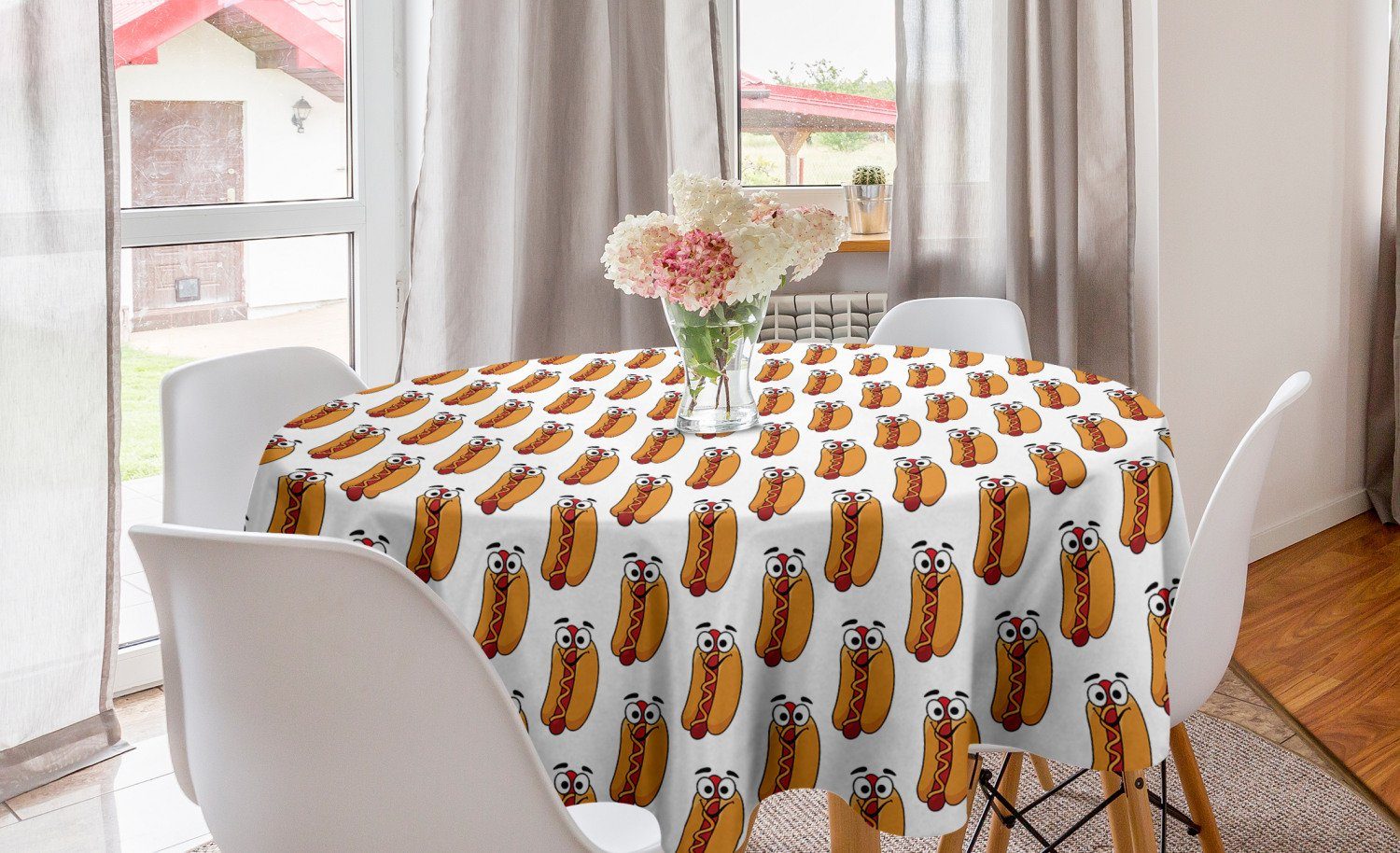 Abakuhaus Tischdecke Kreis Tischdecke Abdeckung für Esszimmer Küche Dekoration, Hotdog Fröhlich Gekennzeichnet Essen