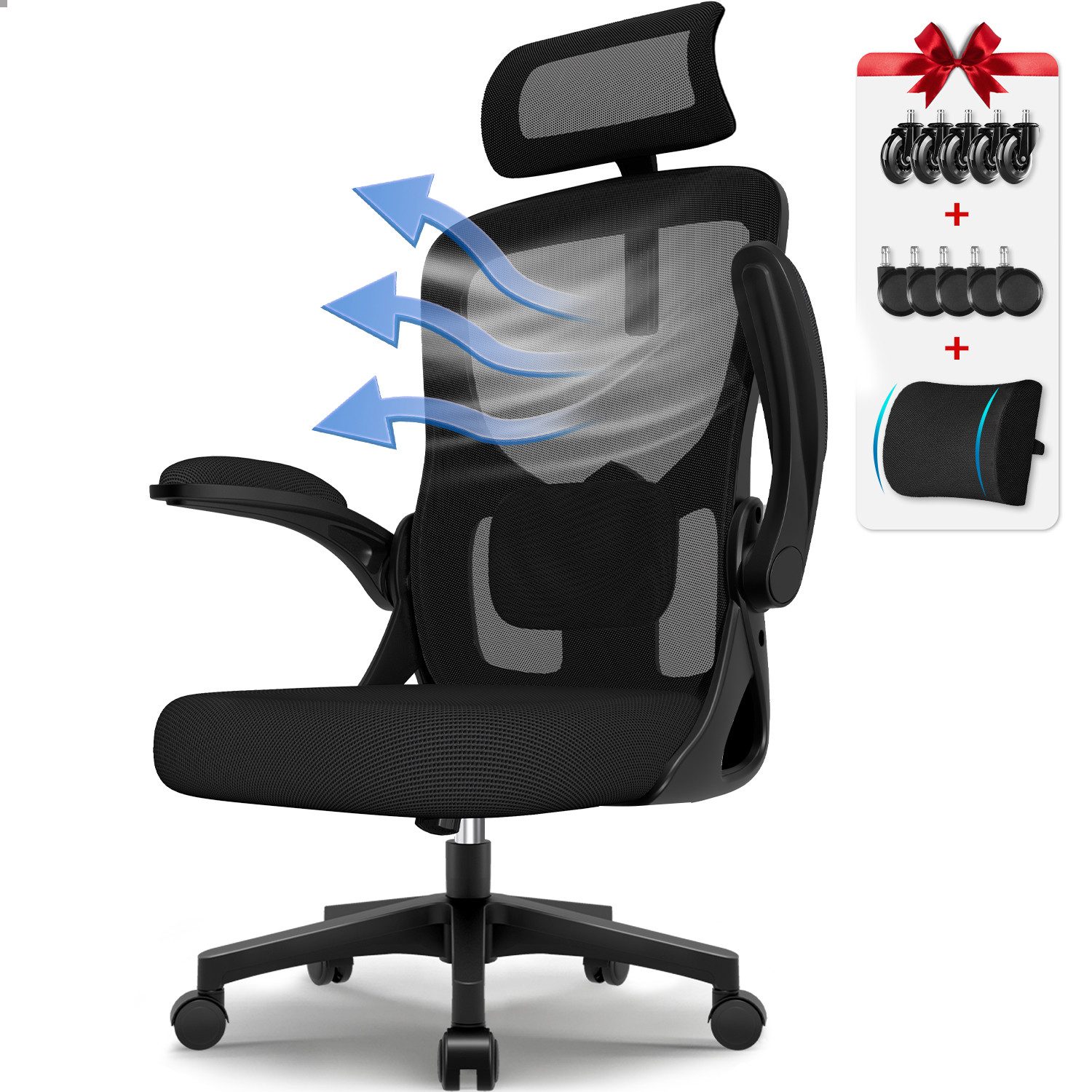 Hiazurm Bürostuhl Bürostuhl, Ergonomischer Schreibtischstuhl, Drehstuhl, Chefsessel (Verstellbare Armlehne,leise Rolle,Bis 155 kg belastbar, Atmungsaktiv,Sitzhöhe Einstellung,Wippfunktion 90°-135), Verlängerte und Verbreiterte Rückenlehne, Schwarz
