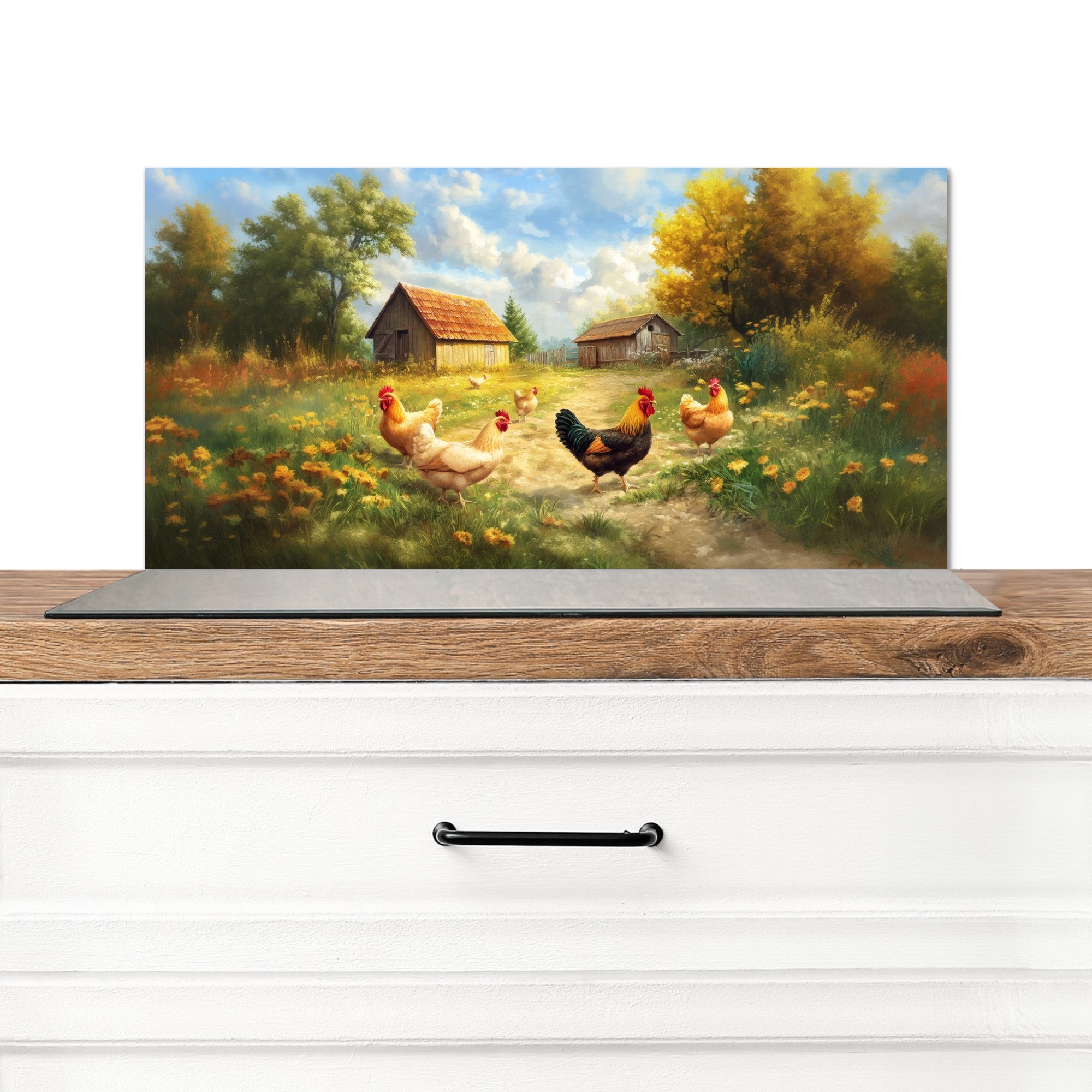 MuchoWow Küchenrückwand Hühner - Ländliche Beschaulichkeit - Natur, (1-tlg) günstig online kaufen