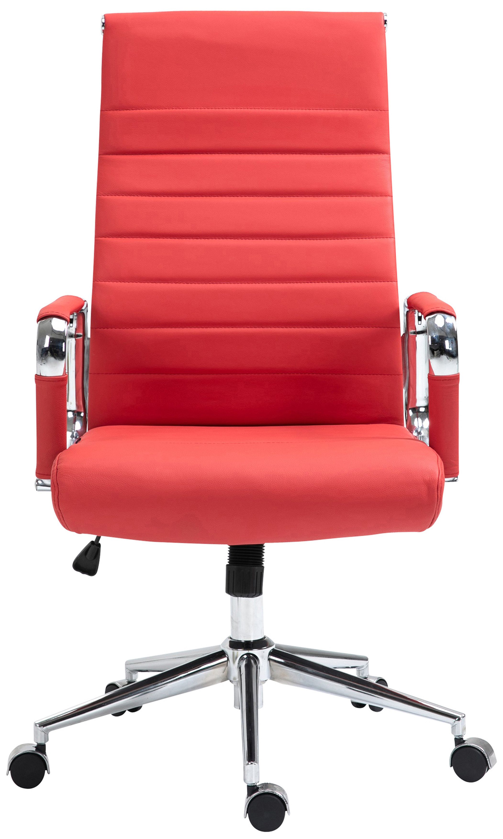 TPFLiving Bürostuhl Koro mit bequemer Rückenlehne - höhenverstellbar und 360° drehbar (Schreibtischstuhl, Drehstuhl, Chefsessel, Bürostuhl XXL), Gestell: Metall chrom - Sitz: Echtleder Rot