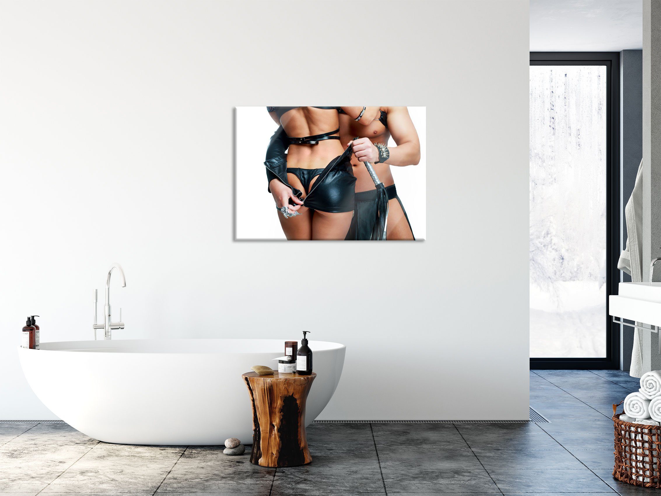 Pixxprint Glasbild Sexy Paar in Ledermontur, Sexy Paar in Ledermontur (1 St), Glasbild aus Echtglas, inkl. Aufhängungen und Abstandshalter