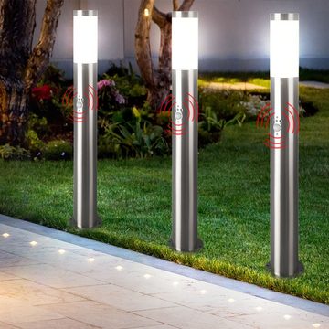 etc-shop LED Außen-Stehlampe, Leuchtmittel inklusive, Warmweiß, Außen Steh Leuchte Bewegungsmelder Garten Edelstahl Lampe silber im