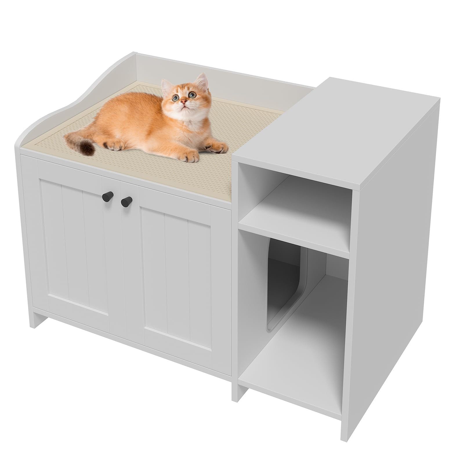 GarveeMore Katzenhaus Katzentoiletten-Schrank mit Seitentür, erhöhter Rand, Belüftung, 2 Türen, 1 offenes Fach