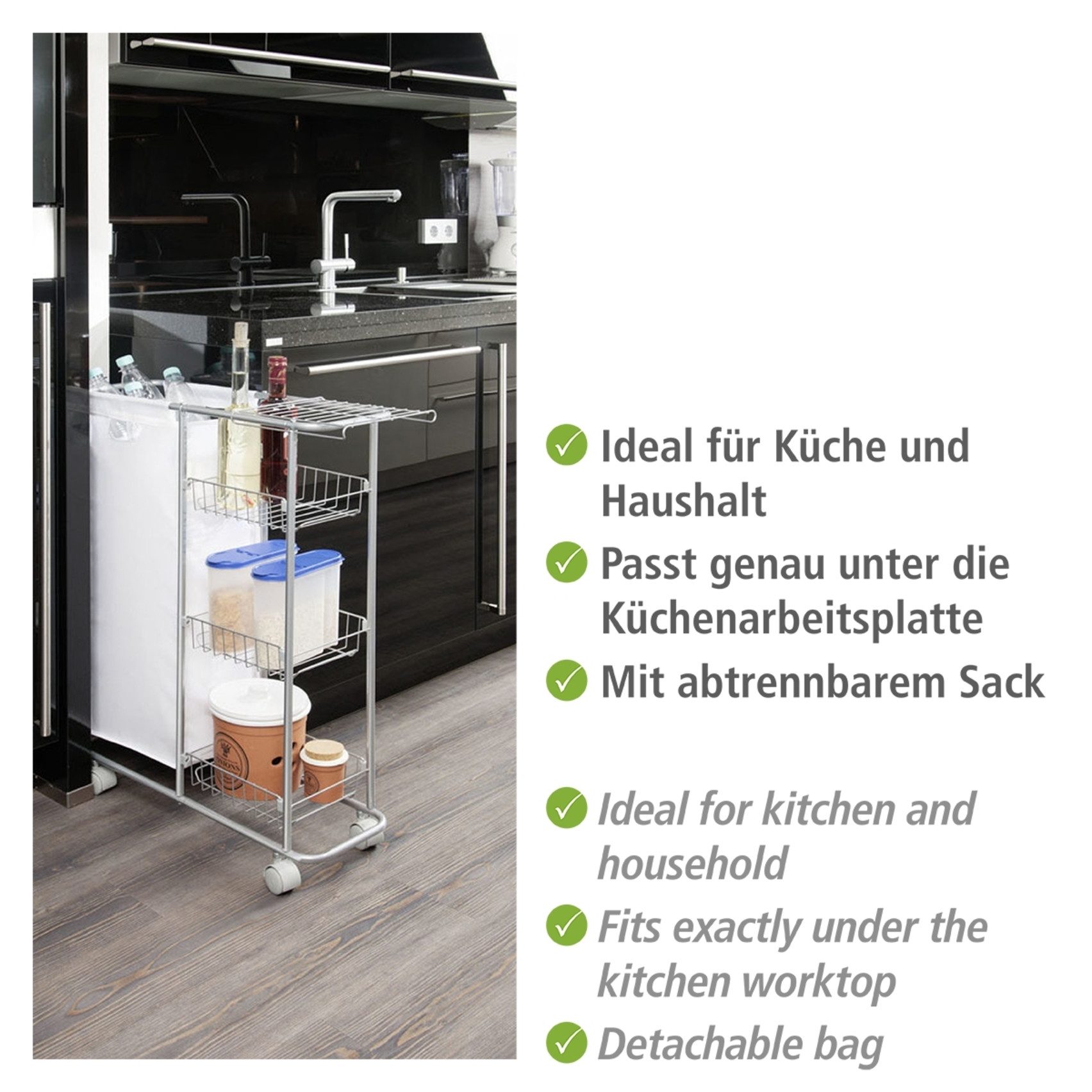 WENKO Ausziehwäschekorb Modell Slim, schmaler Rollwagen, ideal für Nischen, 3 Etagen, mit abnehmbarem Sack