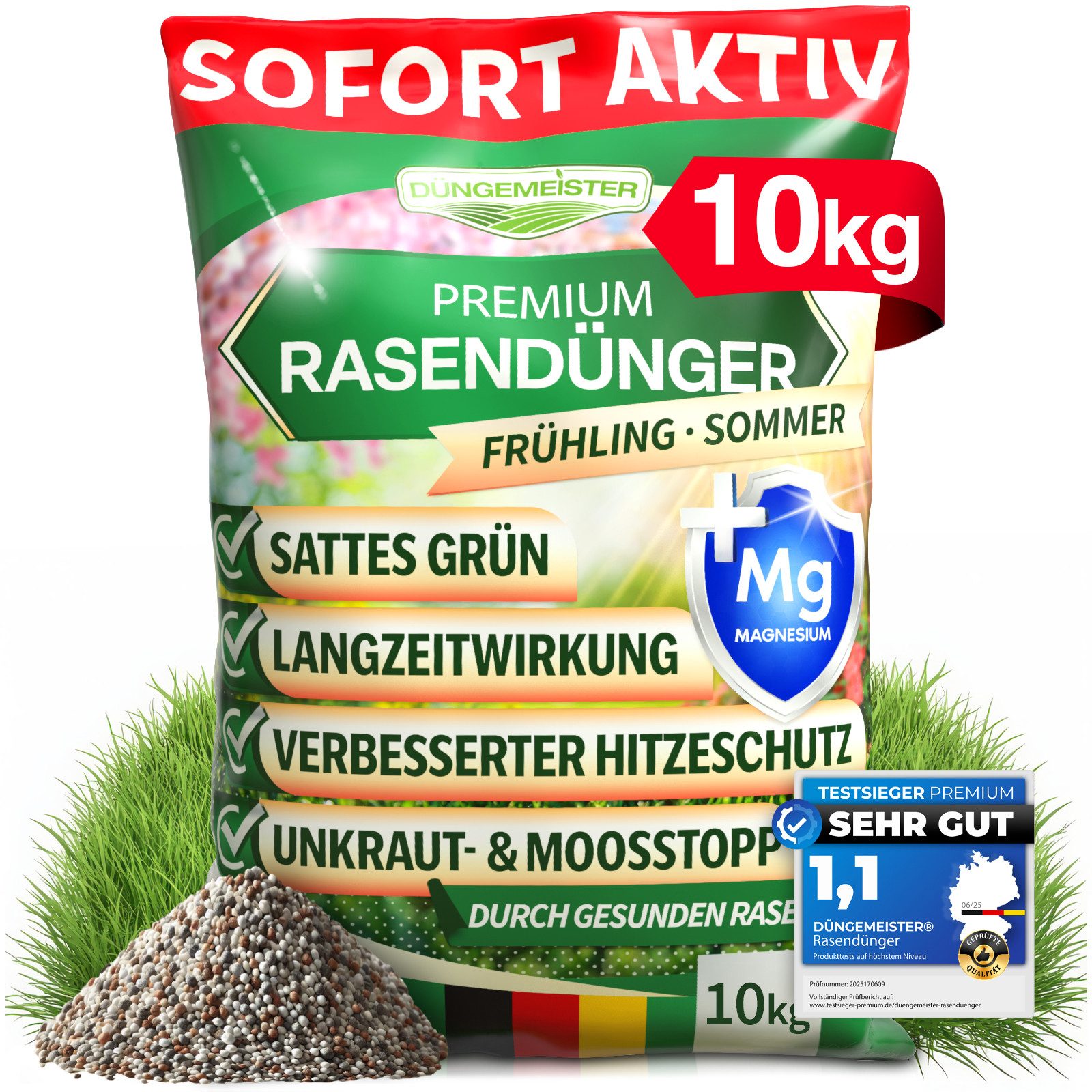 DÜNGEMEISTER Rasendünger Frühjahr/Sommer für sofort saftiges Grün, mit revolutionärer KI Formel - Langzeit NPK/Organisch