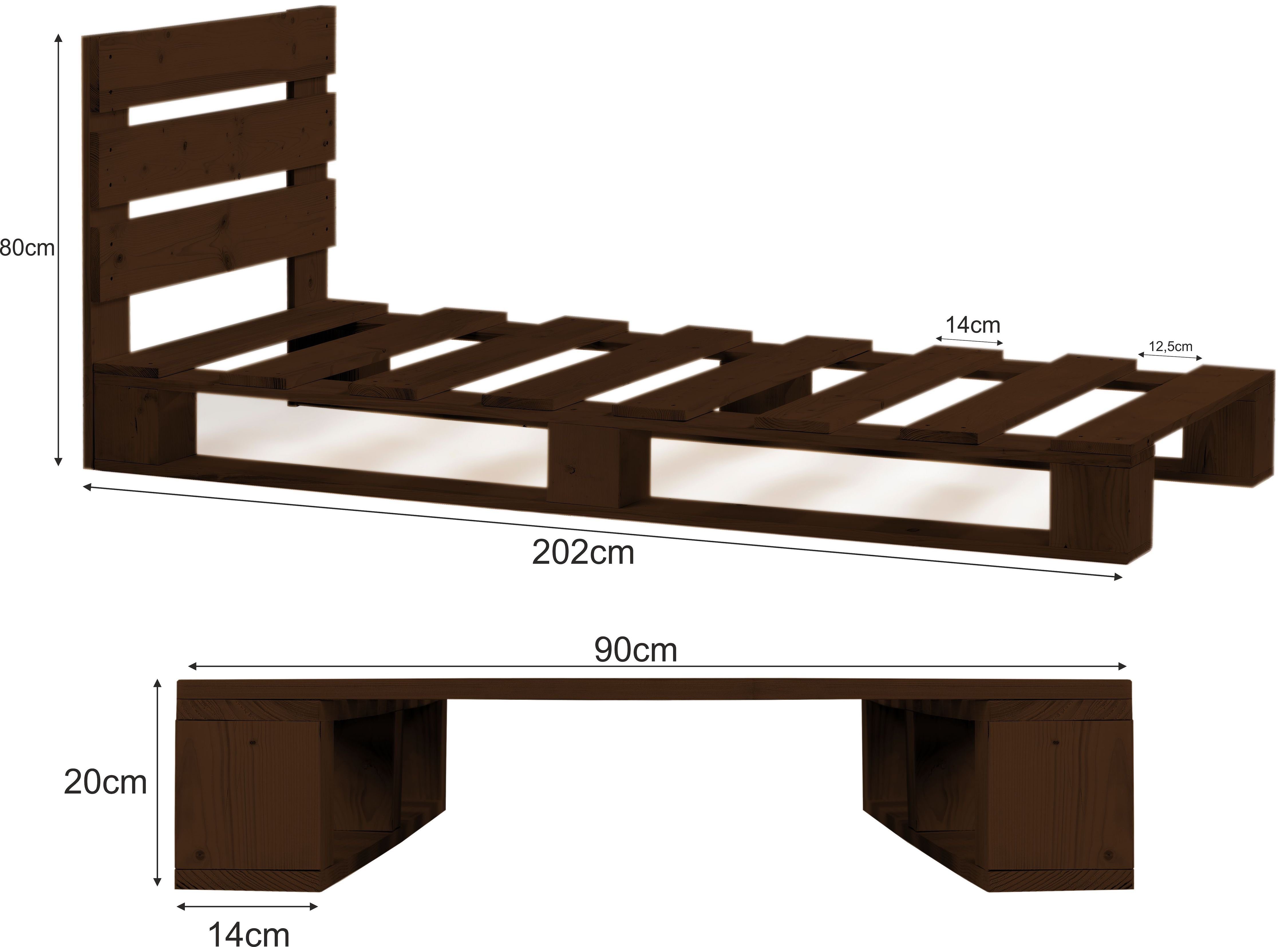 sunnypillow Palettenbett mit Kopfteil Holzbett 80 90 100 120 140 160 180 200 220 240 x 200 cm, 90x200 cm Palisander