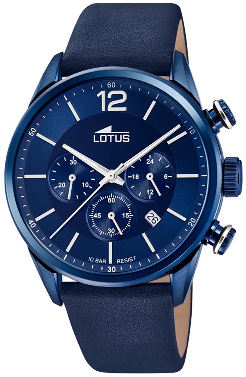 Lotus Quarzuhr LOTUS Herren Uhr Sport 18681/1 Leder, Herrenuhr rund, groß (ca. 43mm) Lederarmband blau
