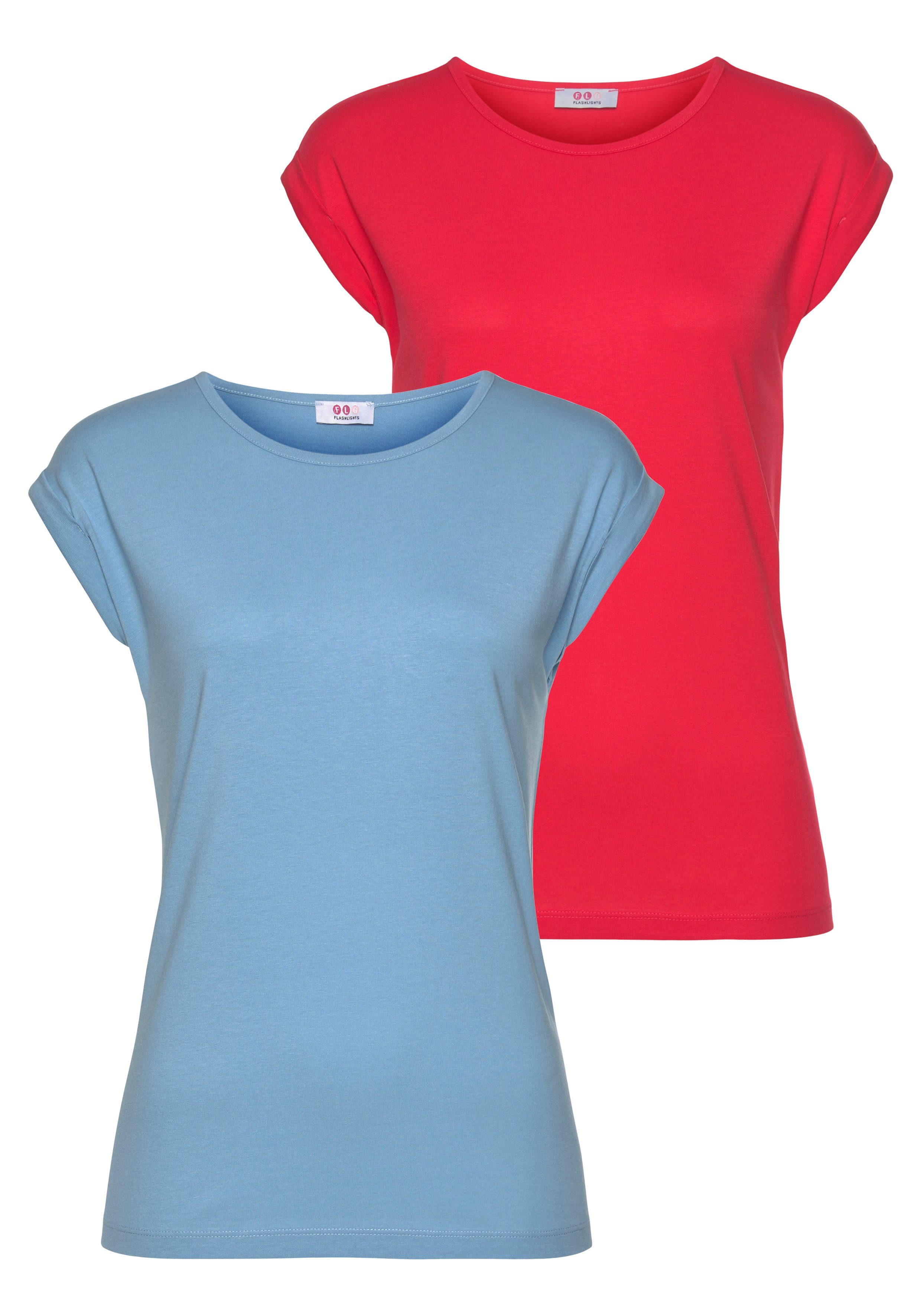 Flashlights T-Shirt (2er-Pack) mit überschnittenen Schultern & kleinem Ärmelaufschlag rot, jeansblau