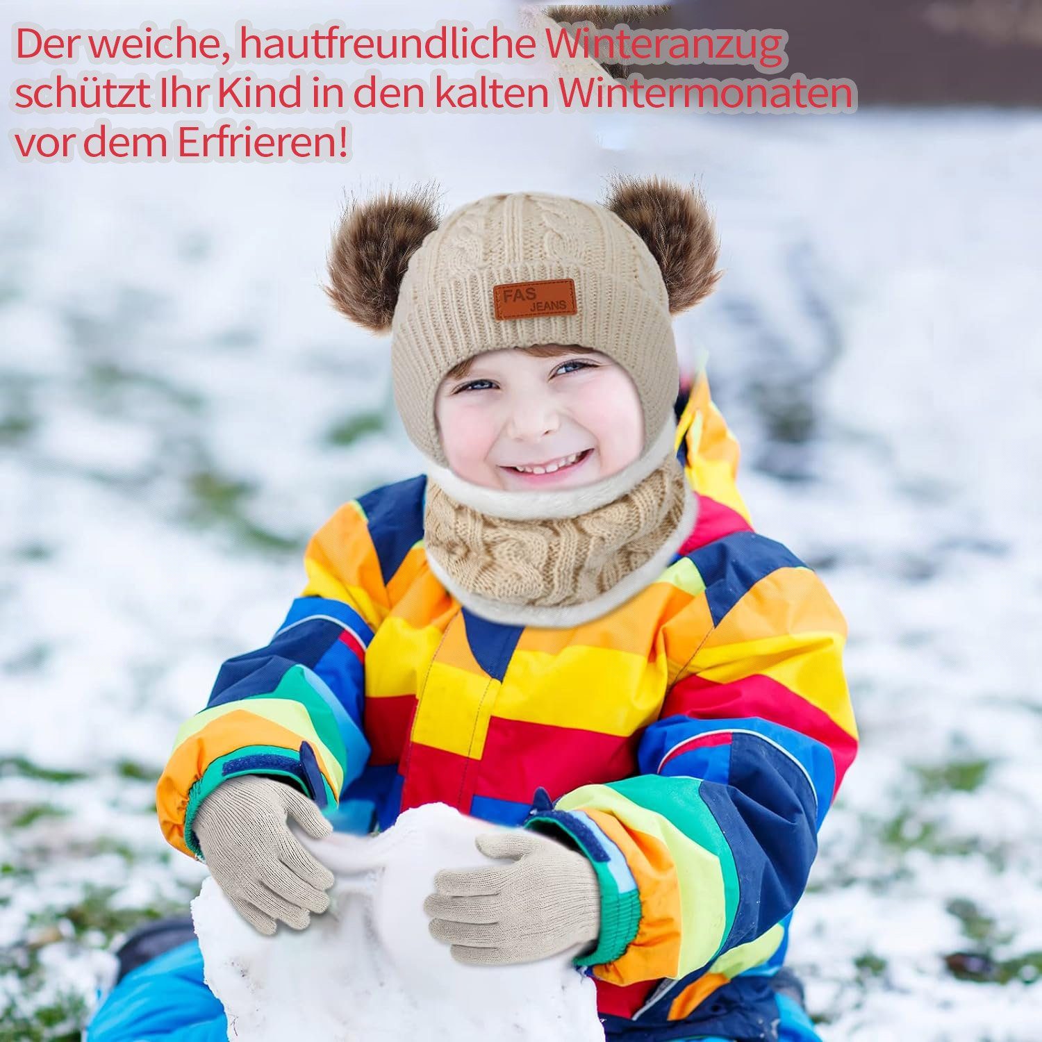 Daisred Strickmütze, Schwarz warme Kinder Winter Halstuch, Schlupfmütze Handschuhe-Set