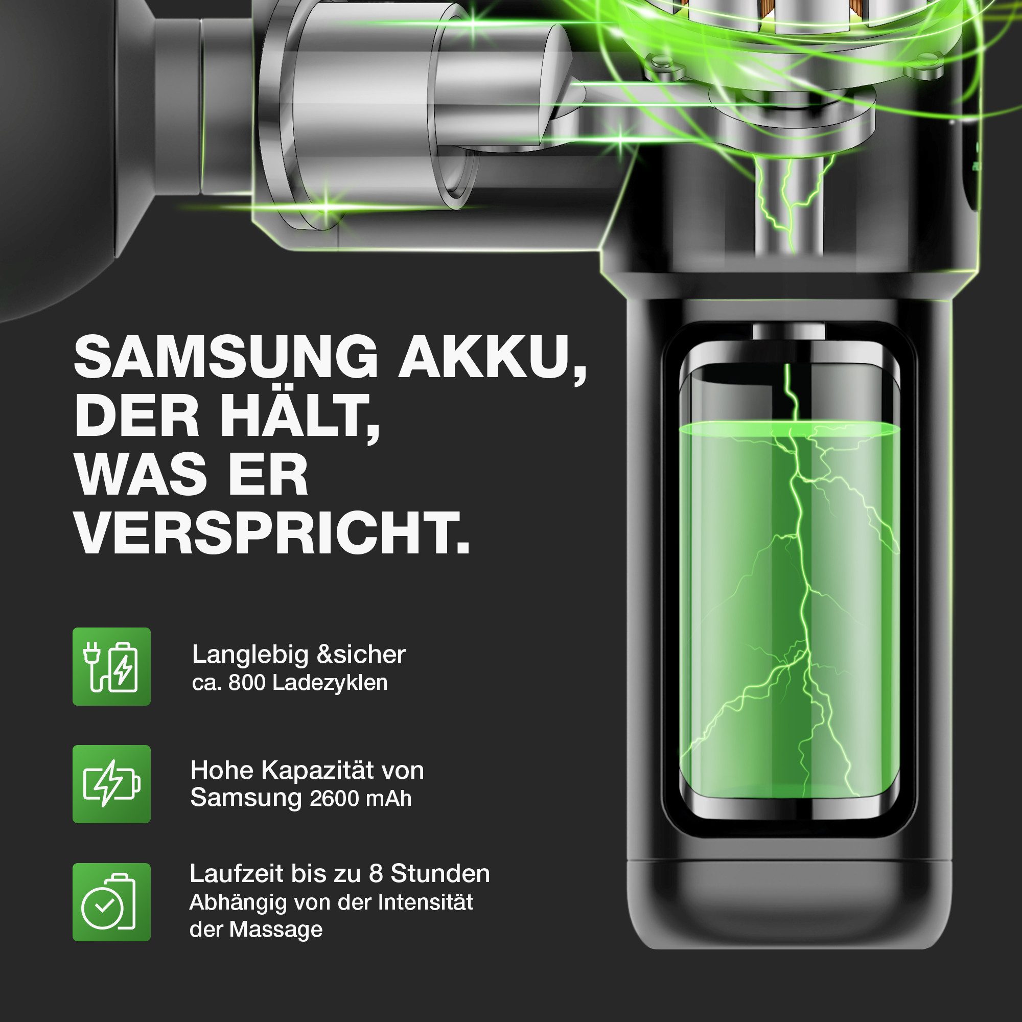 Donnerberg Massagepistole Miniberg MG-111, Silikon Aufsätze 7 Jahre Kraftmotor Garantie Samsung Akku 6mm