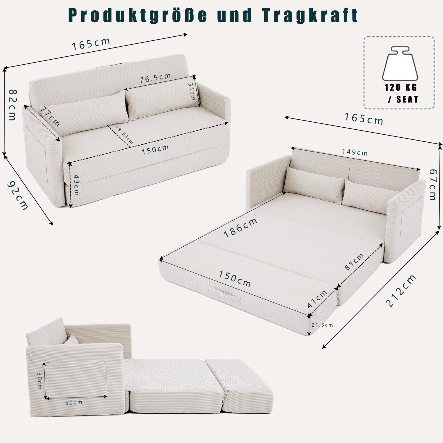 ANYSUN Loungesofa Faltbares Schlafsofa, 2-Sitzer-Couch,das 2-in-1 Klappsofa, Bodensofa-Bett,Cordstoff,mit zwei Lendenkissen, bequemes Cord Bodensofa für Wohnzimmer,Wohnung,kleine Räume