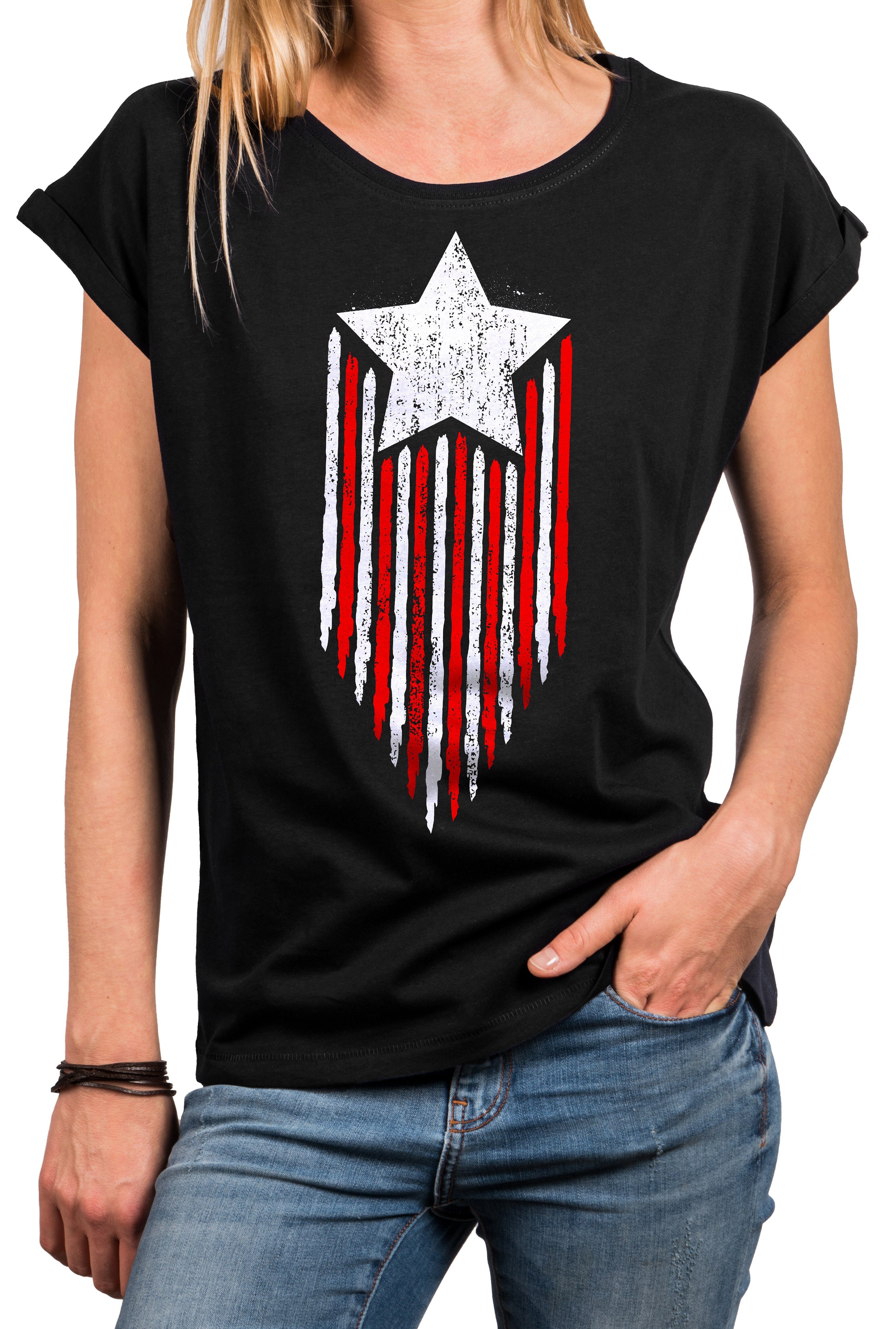 Größen Print-Shirt große Vintage Fahne amerikanische MAKAYA Damen Amerika Top Kurzarmshirt, Flagge Schwarz