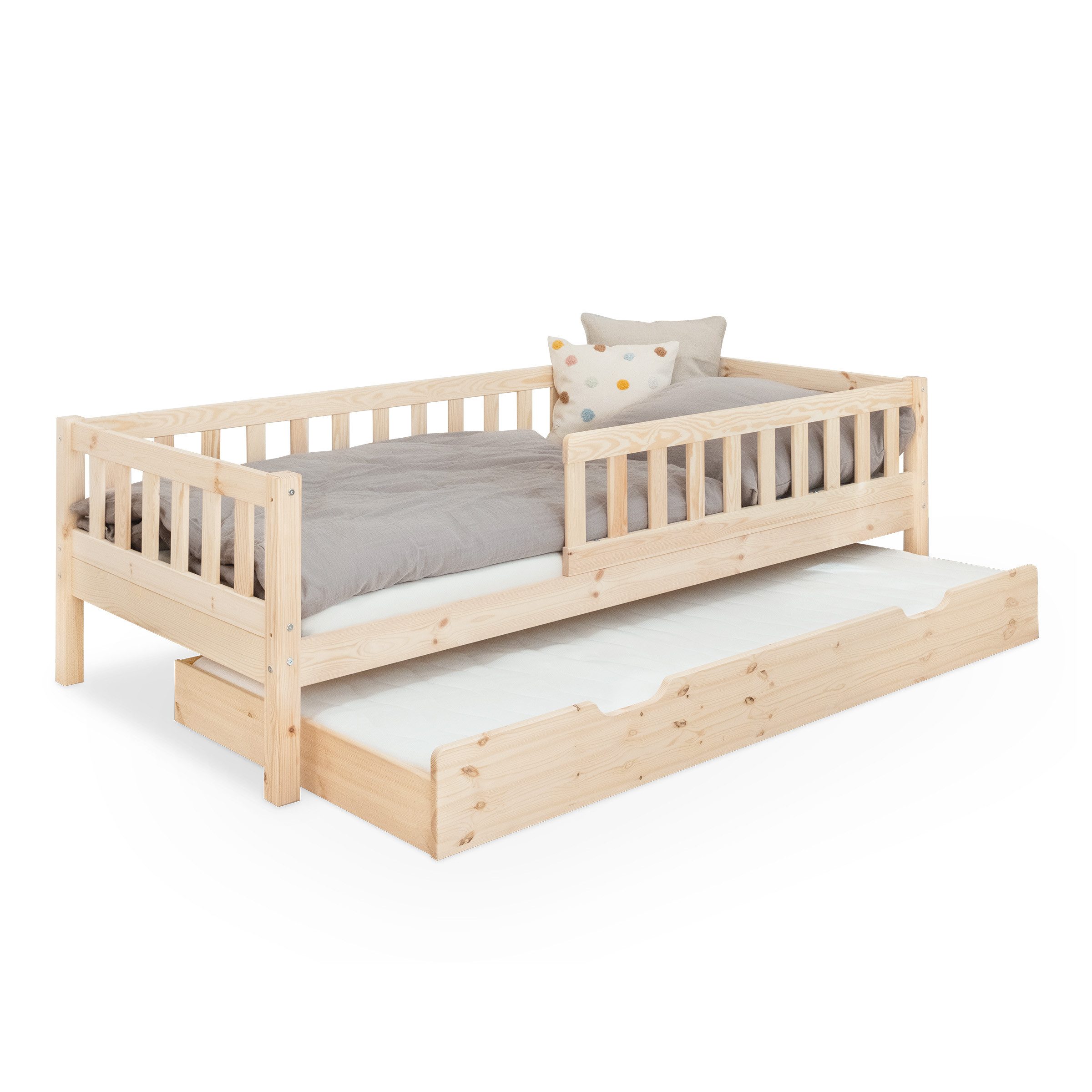 Ehrenkind Kinderbett Lille aus massivem Kieferholz inkl. Rollrost und Rausfallschutz (90x200 cm Natur, 2-in-1: Mit optionalem Umbauset zum Bodenbett umbaubar), flexibler Rausfallschutz beidseitig montierbar