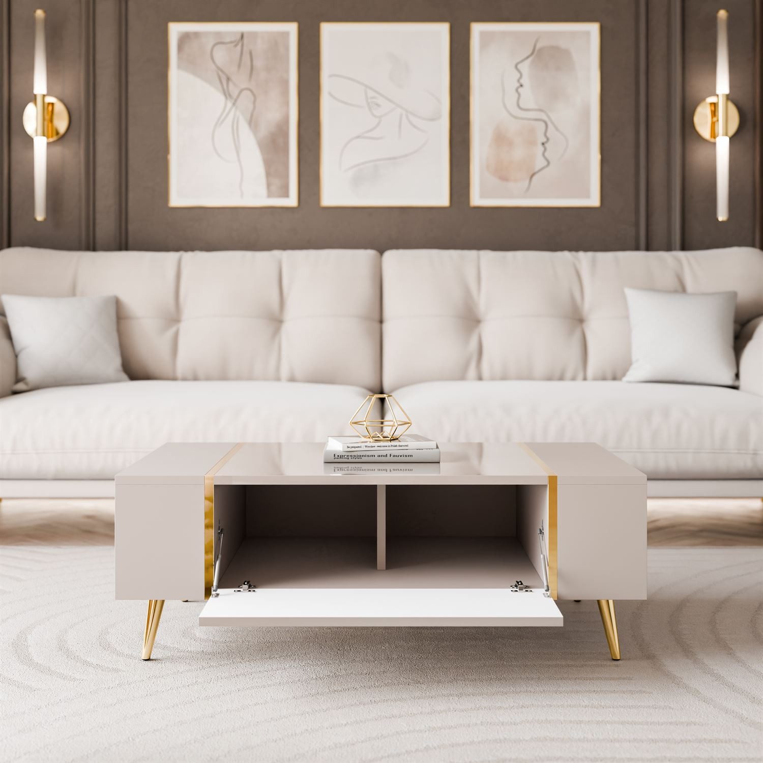 Lookway Couchtisch ONYX – Kaschmir Hochglanz mit goldenen Beinen (1x Tisch), Breite: 104 cm