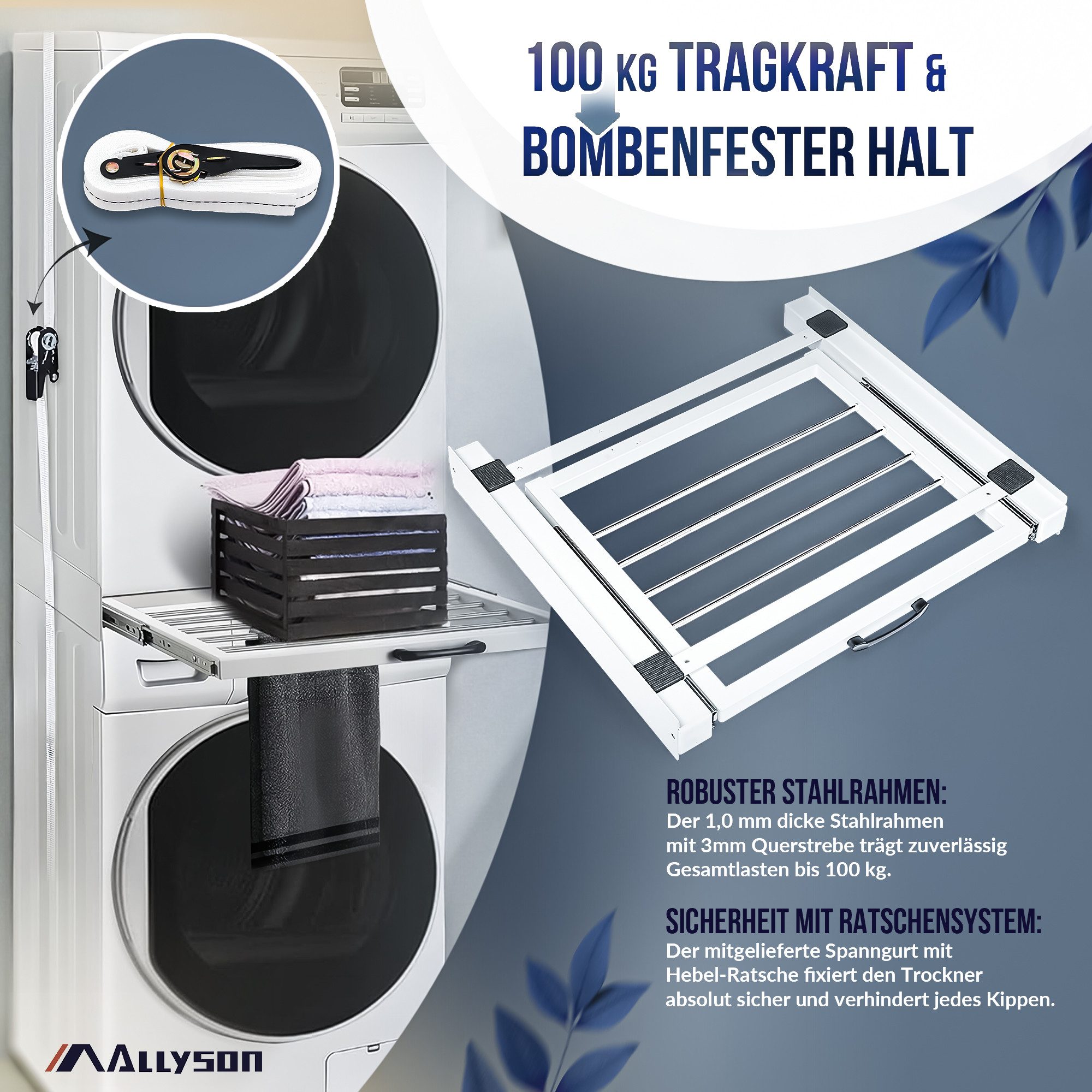 Allyson Zwischenbaurahmen Universal Zwischenbausatz für Waschmaschine & Trockner aus Metall (Montage-Set, Rahmen mit Auszug, Ratschen-Spanngurt, 8x Anti-Rutsch-Pads, Anleitung), Rahmen mit Auszug-Ablage, 100kg Last, 10kg Fachlast, inkl. Gurt.