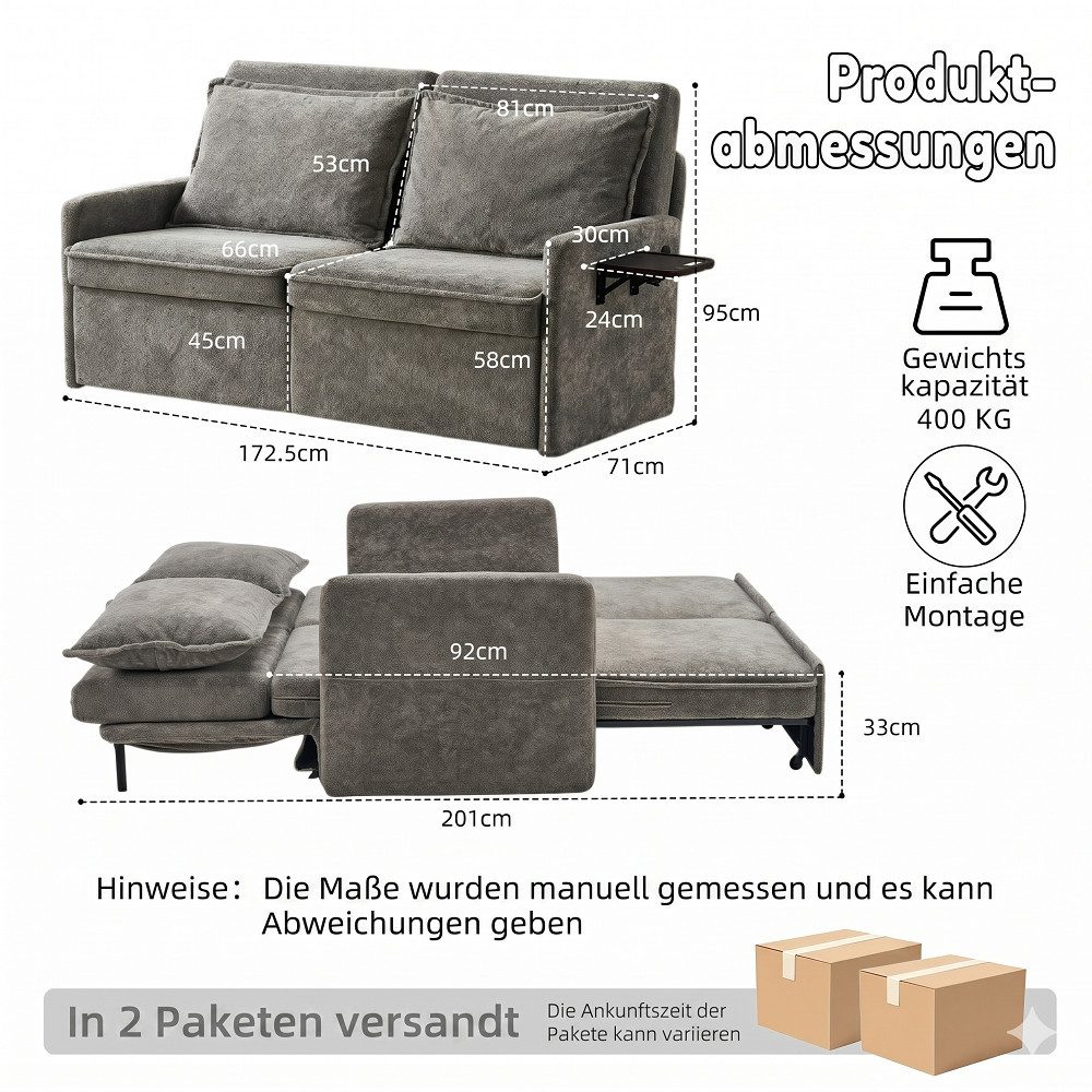 Vankel Sofa Sofas Wohnzimmer, Sofa mit Schlaffunktion mit USB & Relaxfunktion, 5-fach verstellbar, weich gepolstert und flexibel ausziehbar