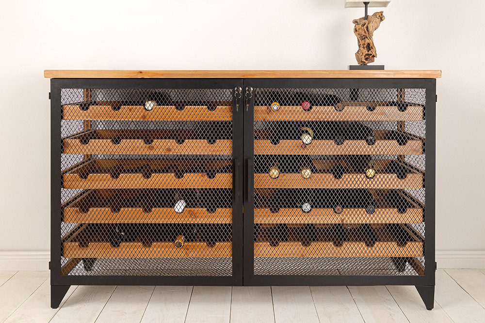 riess-ambiente Weinschrank BODEGA 127cm natur/schwarz - Tanne, Metall, f. 55 Flaschen, Industrial (Einzelartikel, 1-St) Weinboard aus Massivholz - ideal f. Wohnzimmer, Keller oder Barbereich