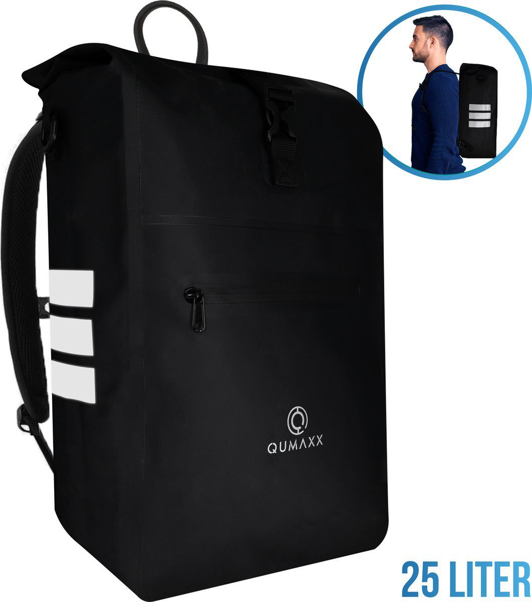 Qumaxx Fahrradtasche Schwarz 3-in-1, 25 Liter – Mit Laptopfach, Wasserdicht (Auch als Rucksack und Umhängetasche, Mit Reflektoren), Fahrradtasche für E-Bikes und normale Fahrräder
