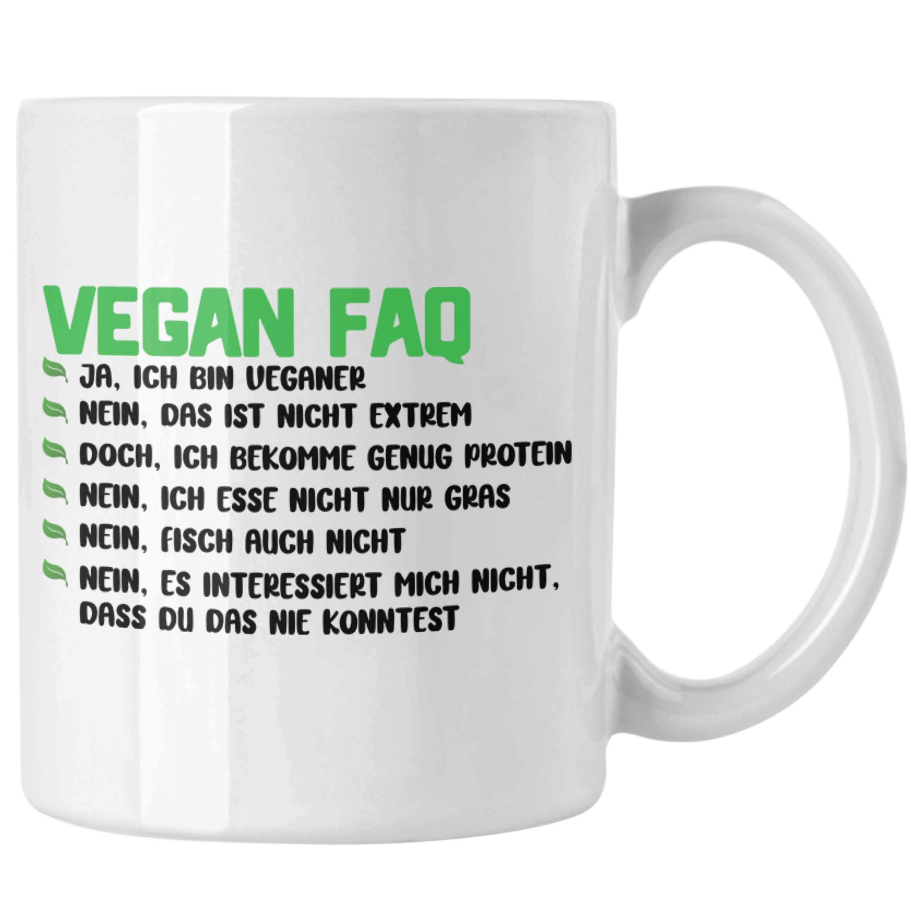 Trendation Tasse Trendation - Veganer Tasse Geschenk FAQ Vegan Geschenkidee Lustiger Spruch Vegane Lebensweise Weiss | Teetassen