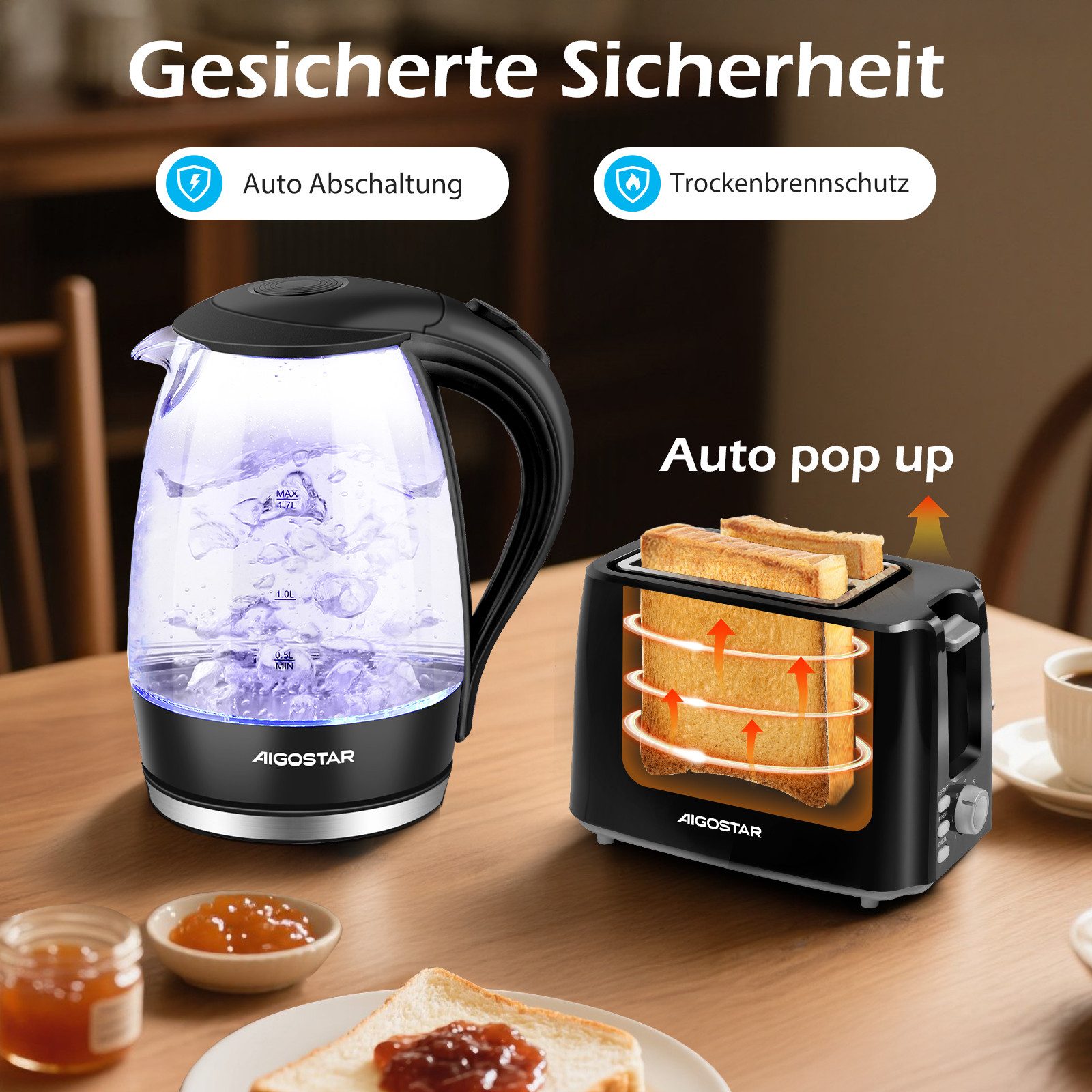 Aigostar Frühstücks-Set (2-tlg), Wasserkocher 1,7L / 2-Scheiben Langschlitz Toaster, Schwarz