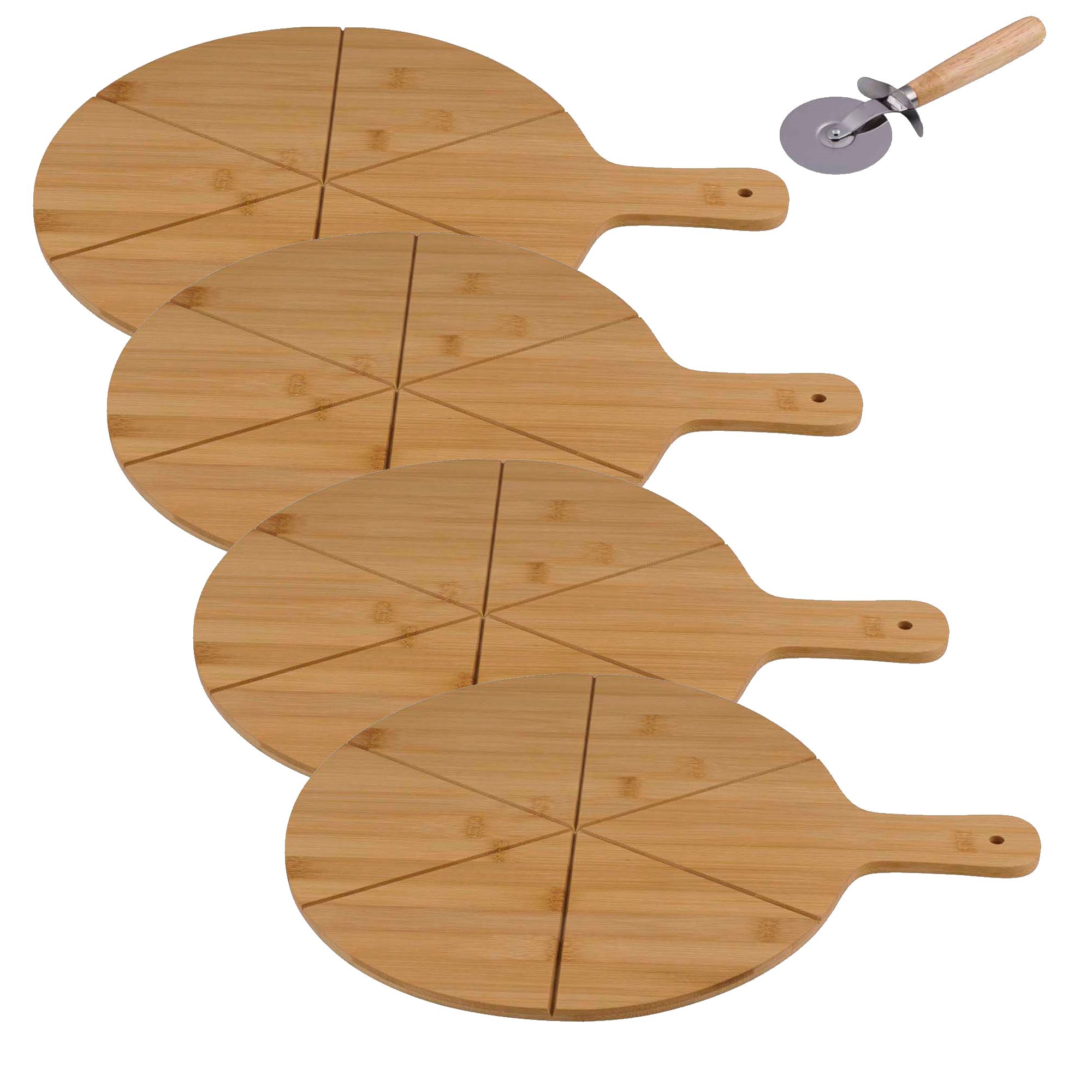 *Alpina* Pizzaschneidebrett Schneidebrett ca. 34cm Echtholz Bambus, 4x Brett + 2 Pizzaschneider
