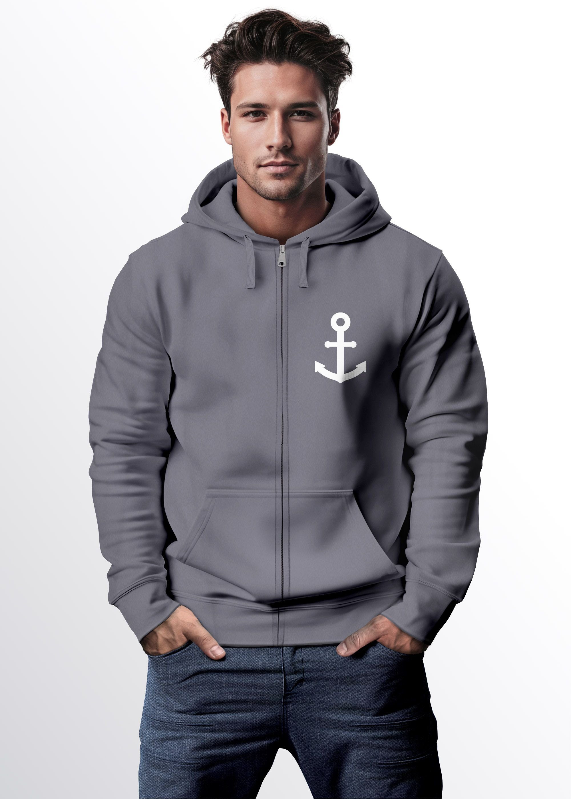 convoy Männer Neverless Sweatjacke Logo Zip-Hoodie mit Print Kapuze Sweatjacke Anker Herren Fashio grey